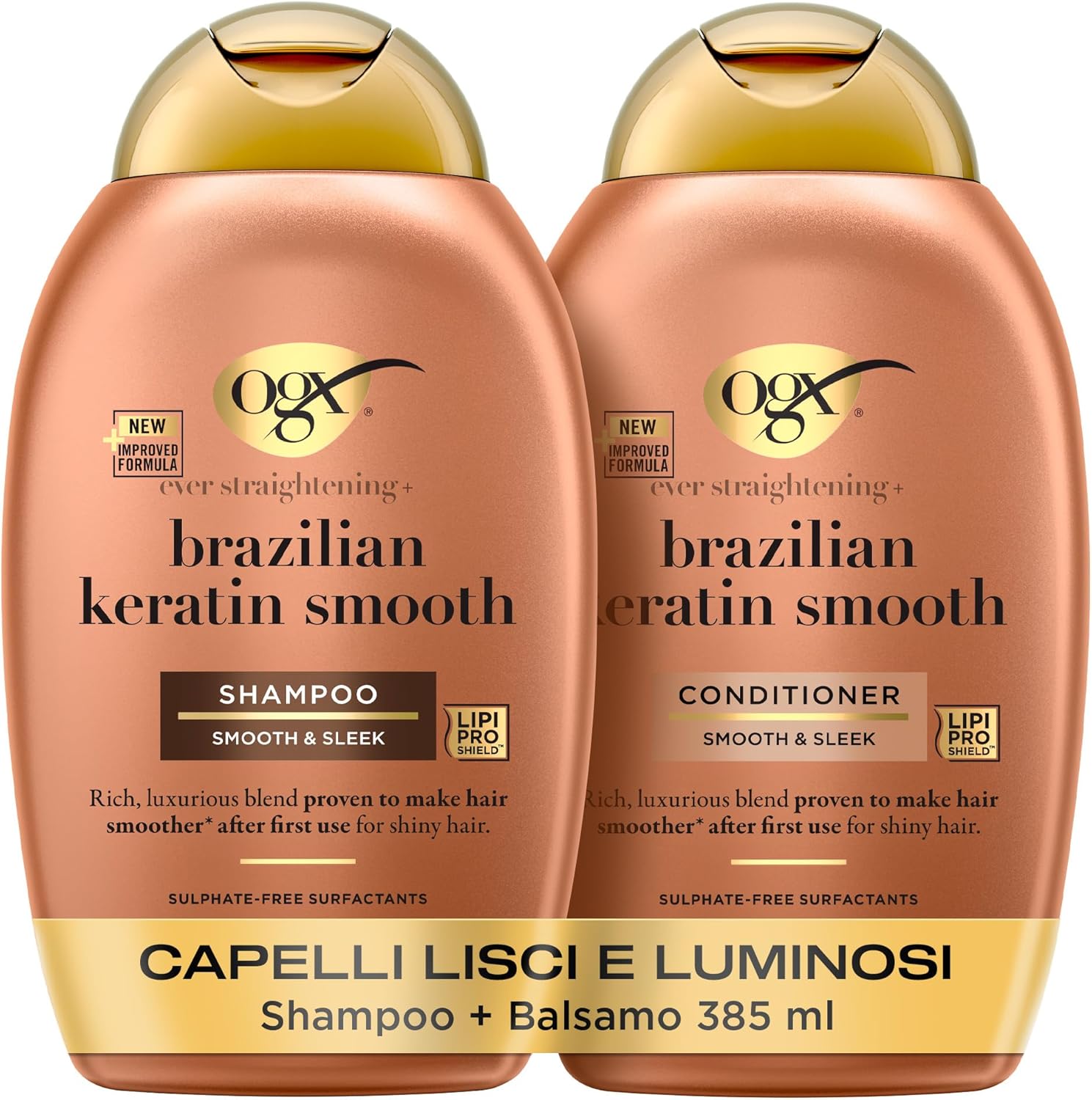 OGX Set Capelli Shampoo e Balsamo Ever Straightening + Brazilian Keratin Smooth con balsamo e shampoo cheratina districante capelli, Kit con prodotti per capelli crespi, 2 x 385 ml – Esclusiva Amazon