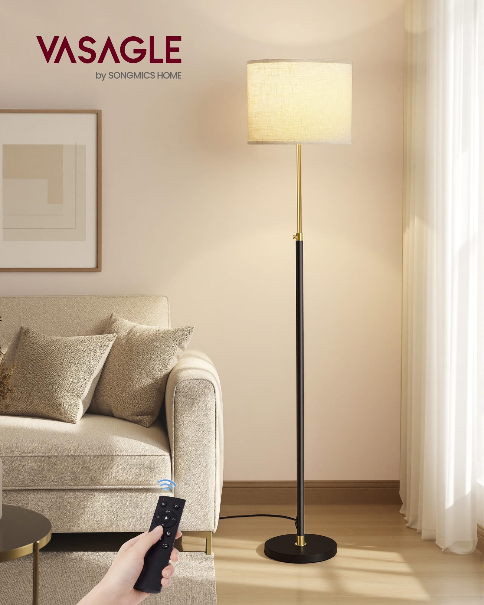 VASAGLE Lámpara de Pie, Lámpara de Lectura Regulable en Altura, 140-170 cm de Altura, Moderna, con Interruptor de Pedal, Pantalla de Tela, Casquillo E27, con control remoto, Dorado + Negro LFL005BD02