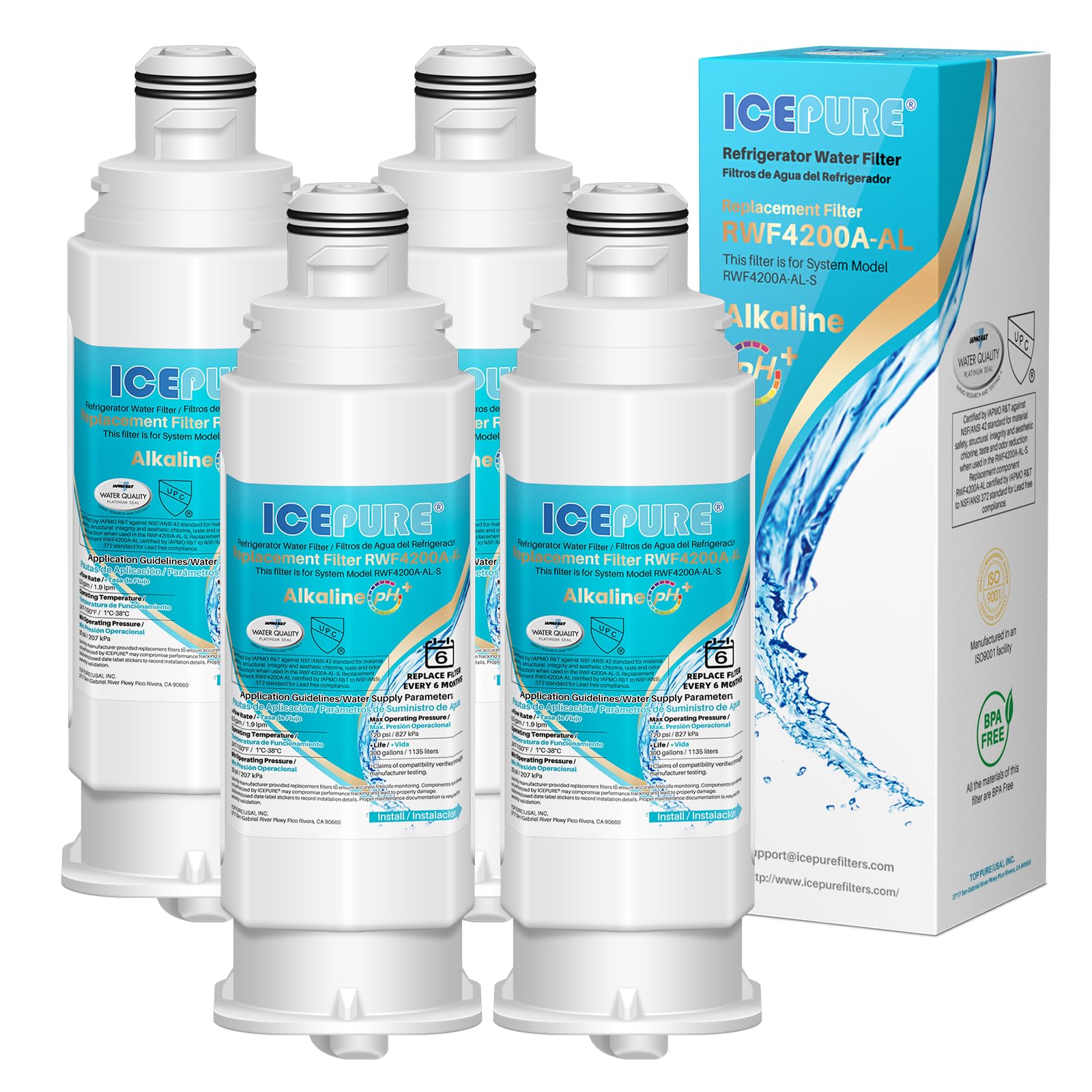 ICEPURE Alkaline DA97-17376B Refrigerator Water Filter Replacement for Samsung HAF-QIN/EXP, DA97-08006C, WD-F45, WS645A RS27T5200SR RS22T5201SR RF28R7201SR RF32CG5400SR RF23M8070SG, Enhances PH, 4Pack