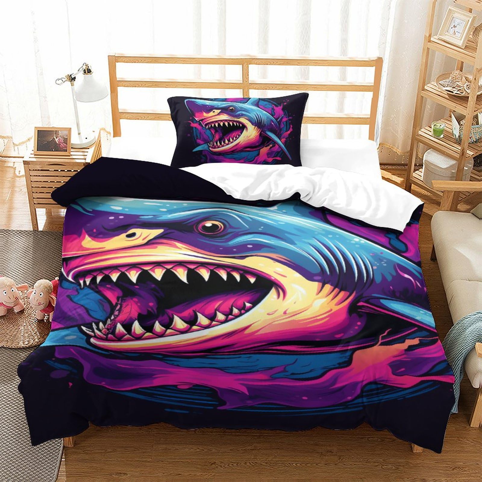 Housse de couette requin 3D douce 135x200cm avec taie d'oreiller pour lit simple
