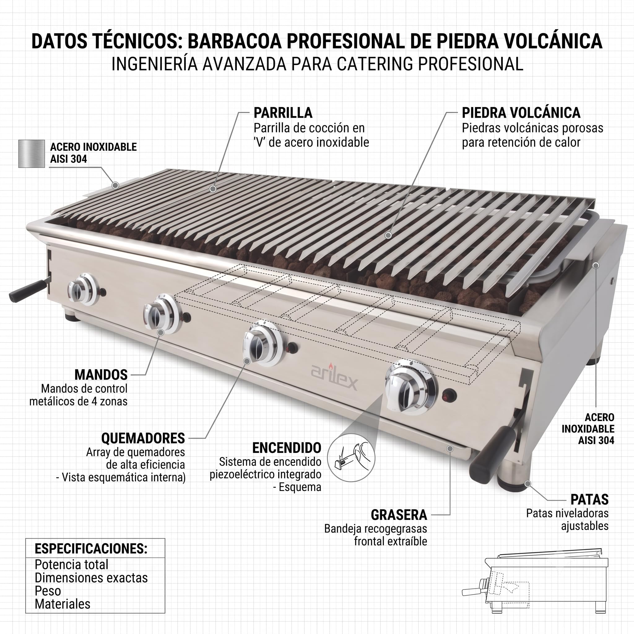 Barbacoa de Gas Profesional 130 cm con Piedra Volcánica | Parrilla de Acero Inoxidable Regulable en 3 Alturas | 8 Quemadores | BBQ Gas de Sobremesa para Hostelería, Hoteles y Catering | 130BAR