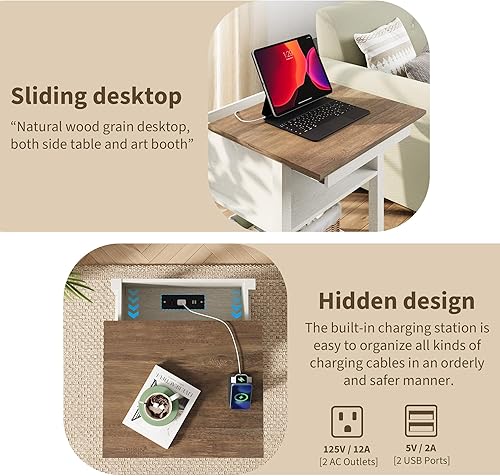 Miniatura 3 de Rresyet Mesa auxiliar deslizante con estación de carga y almacenamiento de 2 niveles, mesa auxiliar de granja, mesita de noche de madera para