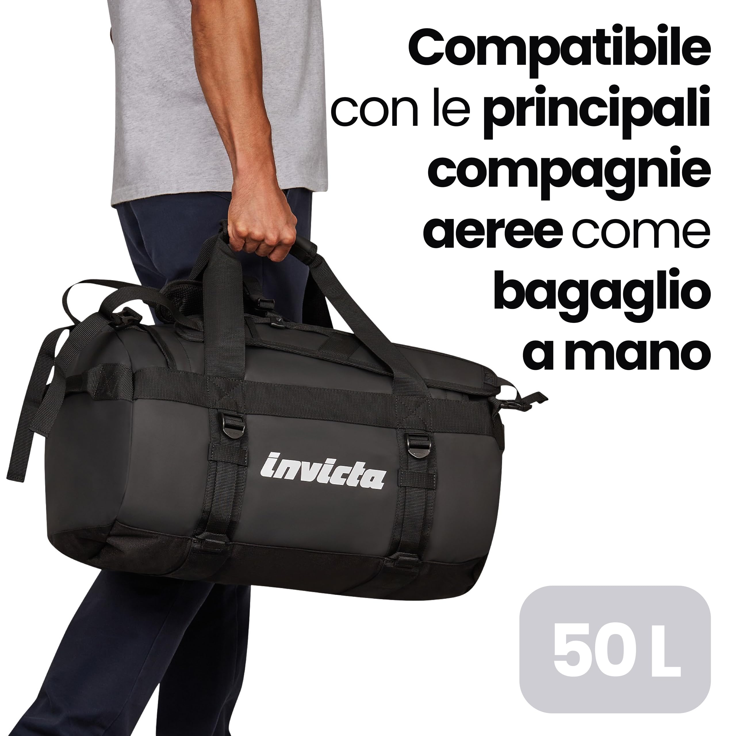 Invicta Zaino da Viaggio 50L – 51x33x33 cm, Nero, Borsone con Spallacci Amovibili, Tasca Interna, Fondo Rinforzato, Apertura Frontale, Passante per Trolley, Bagaglio Aereo Cappelliera, Uomo Donna