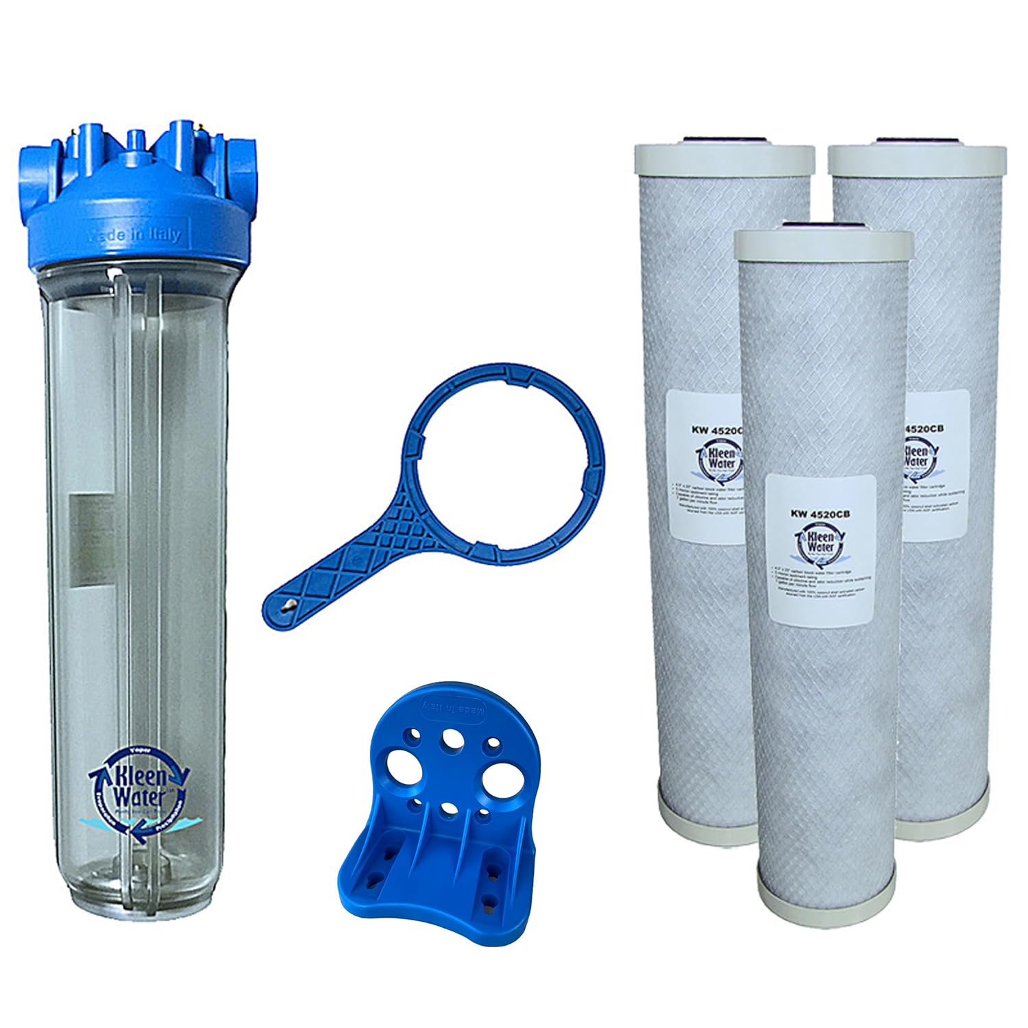 KleenWater Premier4520CL Chlorine Whole House Water Filter System with Bracket, Wrench and Three 4.5 x 20 Carbon Cartridges (1 1/2 inch FNPT)