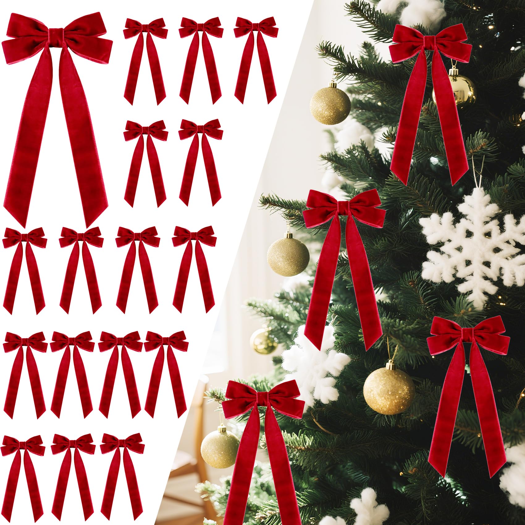 16Pcs Velvet Ribbon Bows for Christmas Tree, Vintage Rustic Small Craft Bows Ornaments for Garland Wreath Gift Wrapping Candy Bags Party DIY Decorations (Red, 5" x 10", Width of 1")