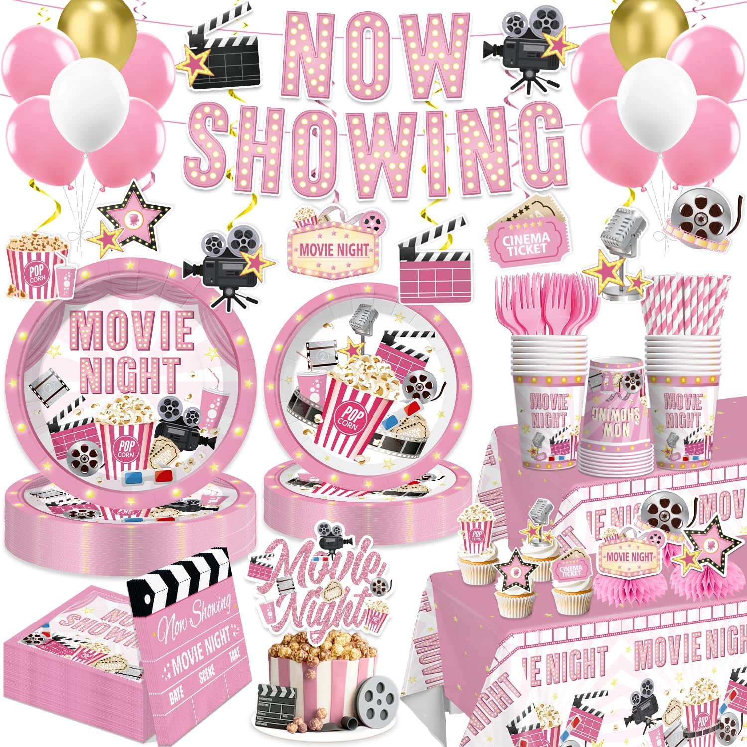 213 PCS Pink Movie Night Decorations, Movie Theme Party Supplies Service 25, with Now Showing Banner, Cake Topper, Balloons, Plates and Napkins for Movie Night Party