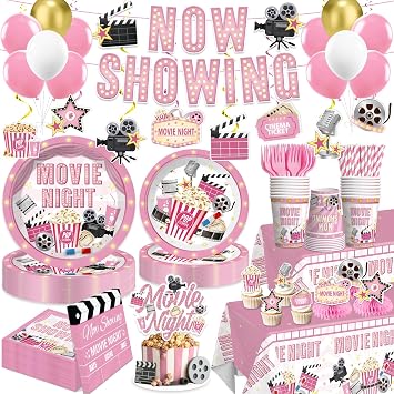 213 PCS Pink Movie Night Decorations, Movie Theme Party Supplies Service 25, with Now Showing Banner, Cake Topper, Balloons, Plates and Napkins for Movie Night Party