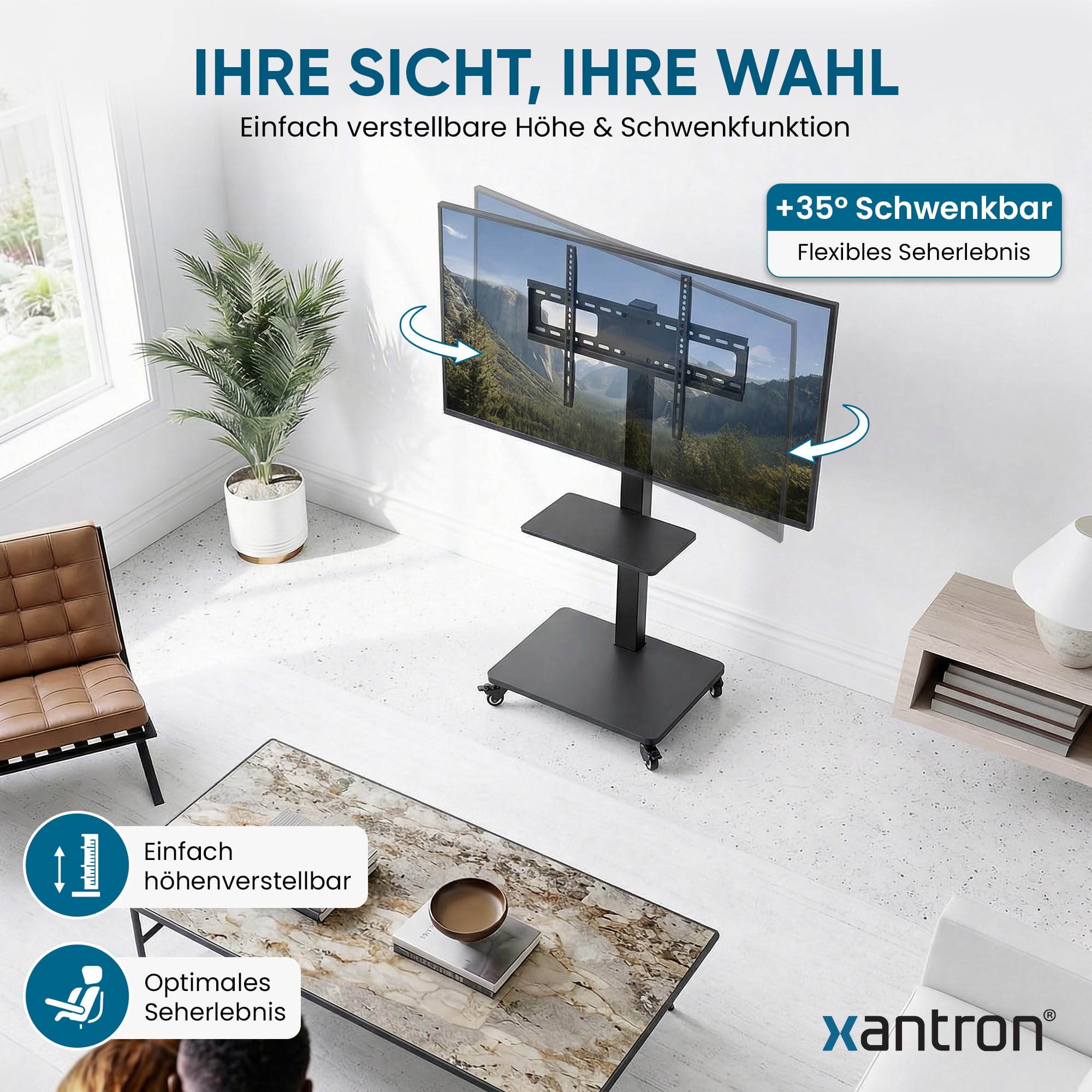 Xantron® TV Ständer Rollbar Höhenverstellbar für TVs bis 75 Zoll [mit Ablagefläche] Fernsehständer mit Rollen/Fernseher Bodenständer/Fernseher Halterung stehend/TV Rollwagen