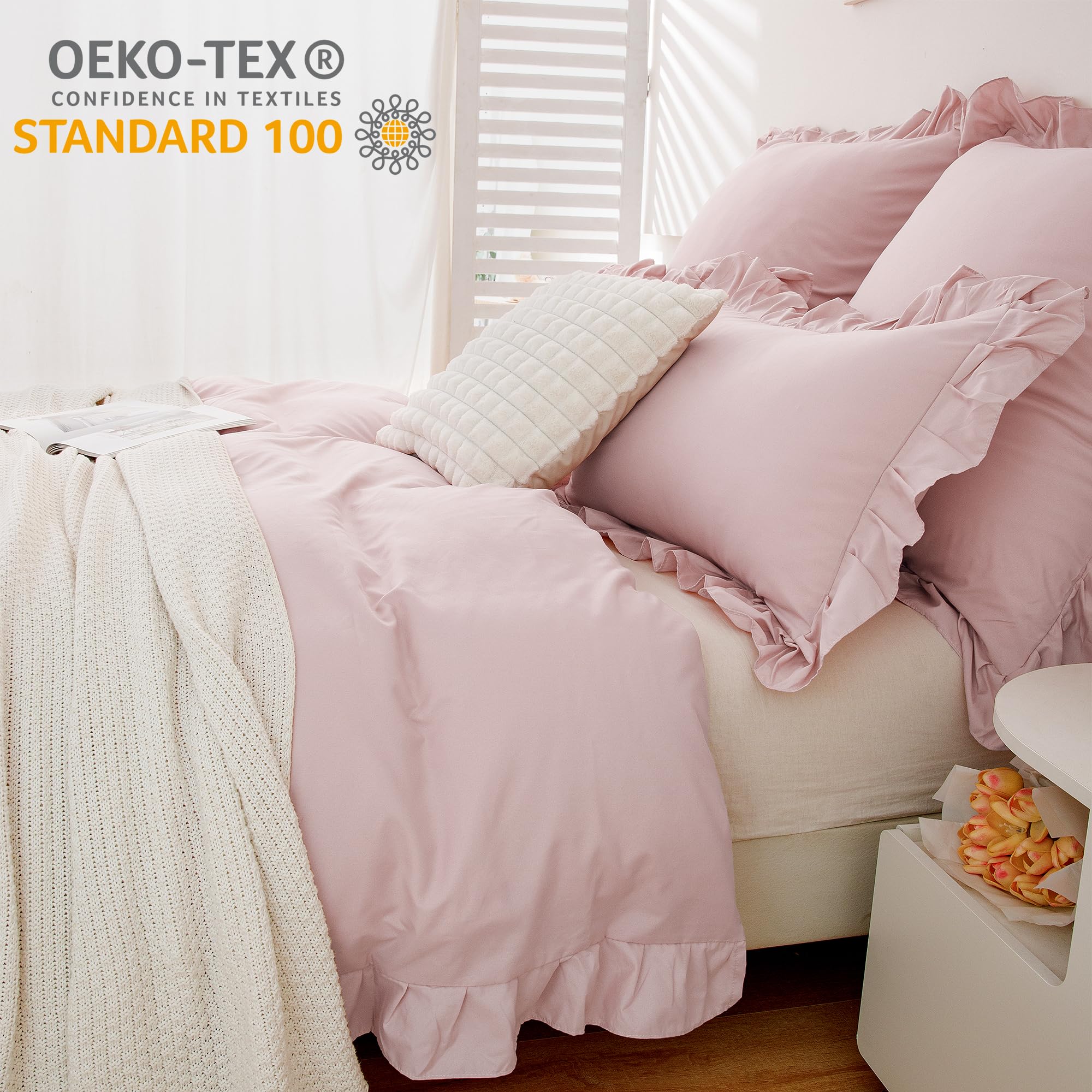 TOCOMOA Rüschen Bettwäsche 135x200 4teilig, Aesthetic Bettwäsche-Sets | Öko-Tex Zertifiziert, Hautfreundlich, Weich Bettbezug mit Reißverschluss atmungsaktiv, Kopfkissenbezug 80x80cm, Rosa