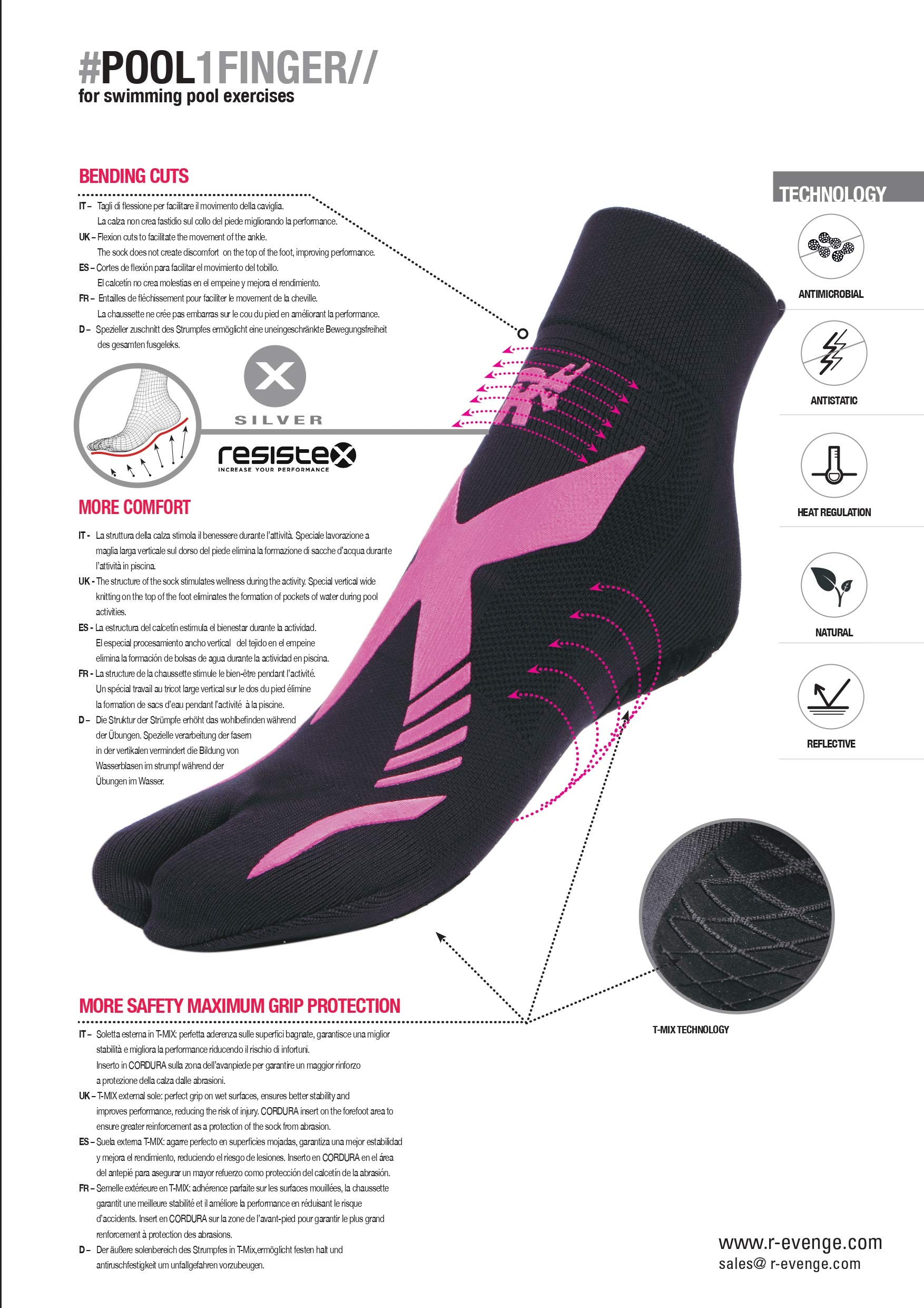 R-EVENGE CALZA TECNICA POOL 1 FINGER ATTIVITÀ IN PISCINA E SU SUPERFICI BAGNATE, ANTISCIVOLO, ANTIBATTERICA, IDEALE PER NUOTO ACQUAGYM, HYDROBIKE, (M 38-41, NERO/SILVER)