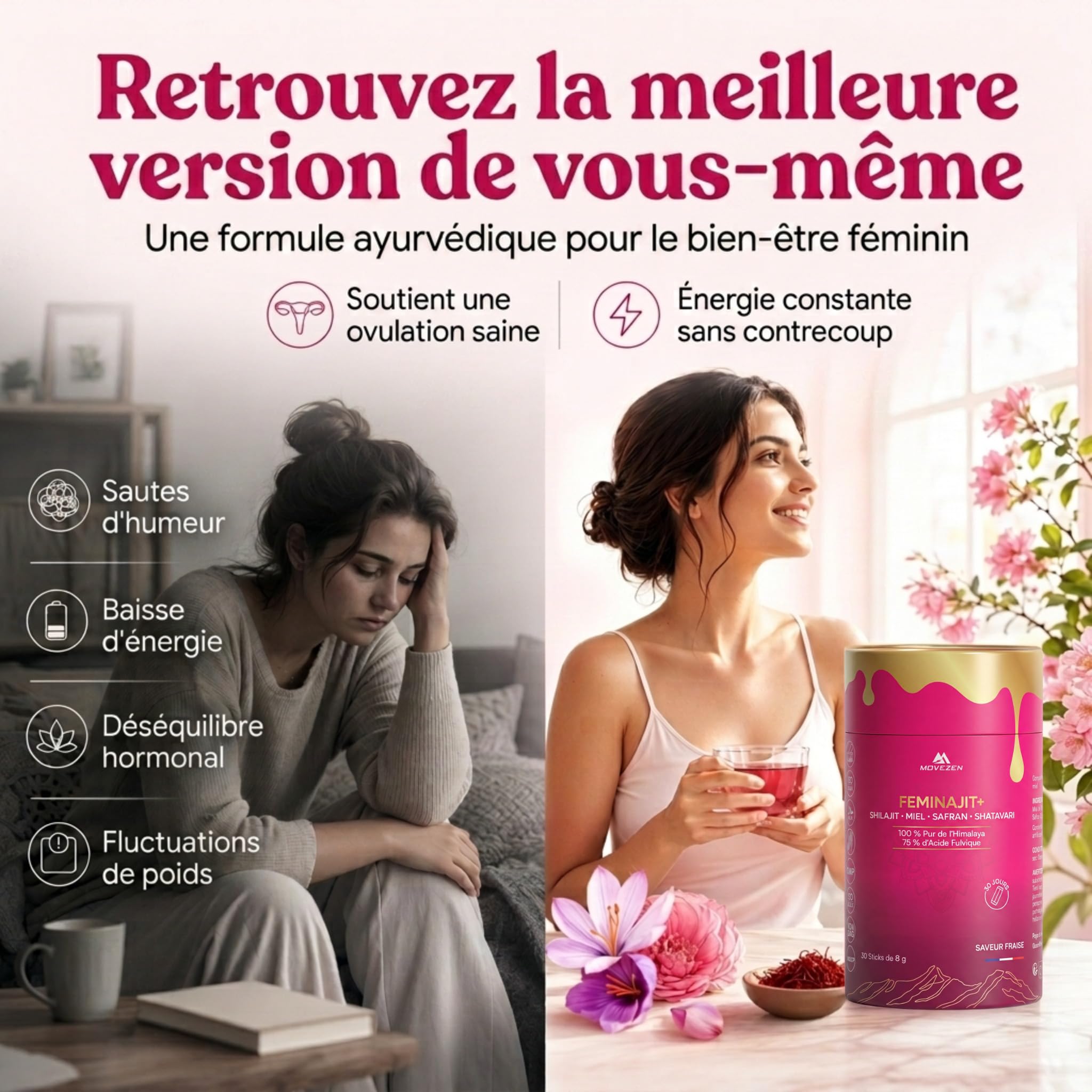 Feminajit+ Shilajit Femme en Stick Pré-dosé, Shilajit Pure Shatavari miel & Safran Movezen, Énergie Durable, Menopause, Vitalité, 30 Sticks Riche en Acide Fulvique, 85+ Minéraux Saveur Fraise