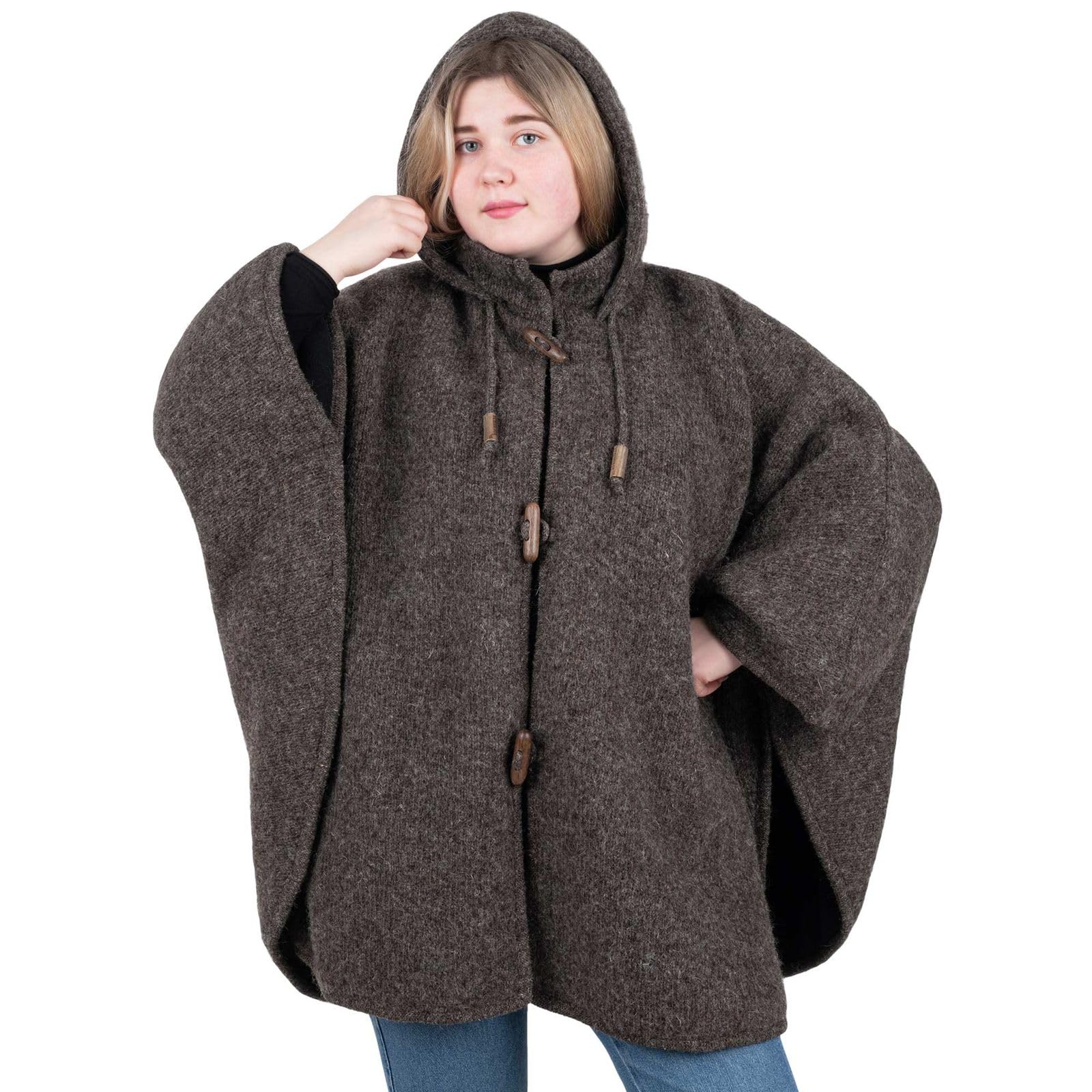 Kunst und Magie Strick Poncho mit Kapuze Umhang Cape Strickjacke Wolle Jacke Winter Mantel Damen