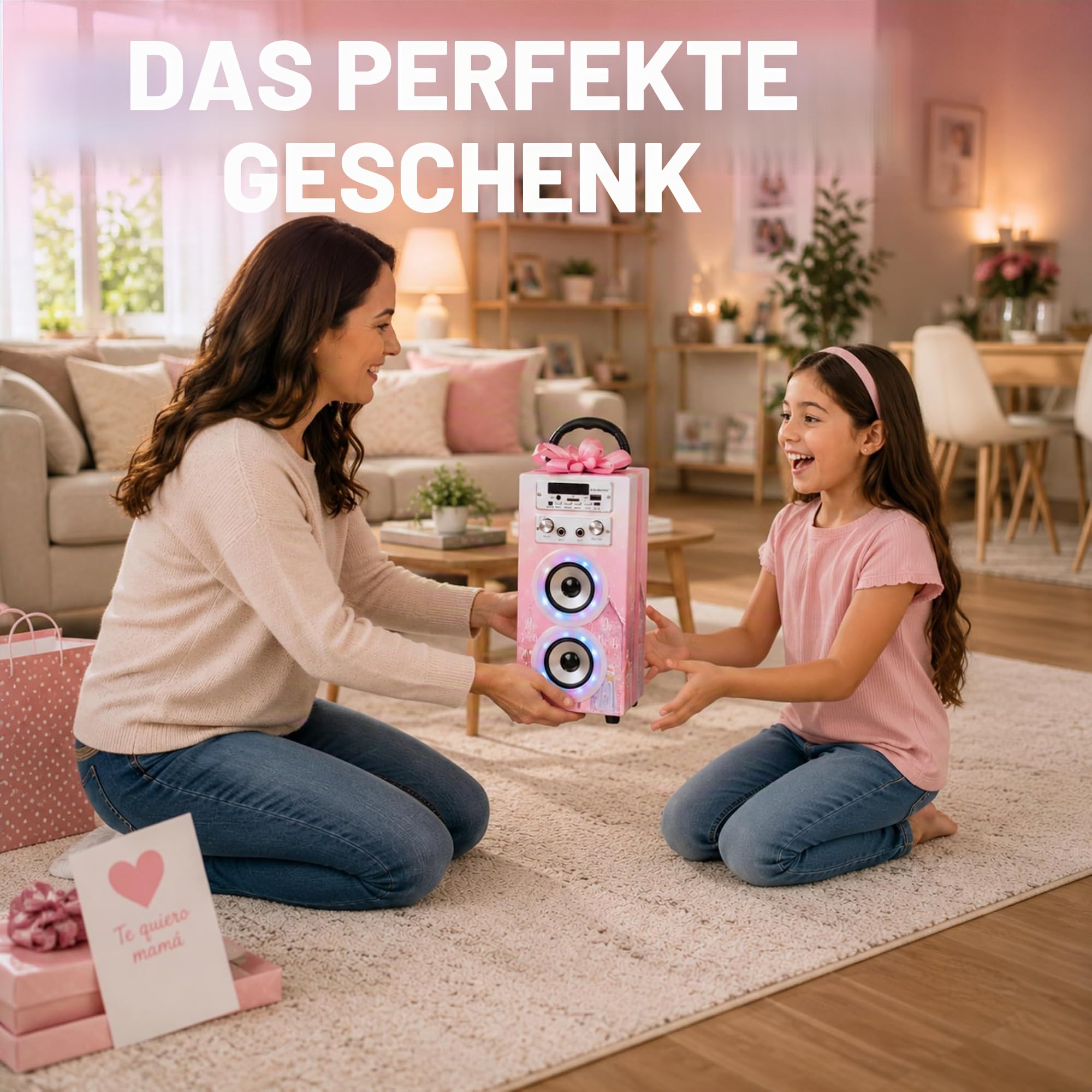 DYNASONIC Karaoke mit 2 Mikrofonen, tragbarer Karaoke-Maschine, Bluetooth-Lautsprecher, USB- und SD-Kartenleser, Lichter, Geschenk für Kinder von 5 bis 13 Jahren (Model 19)