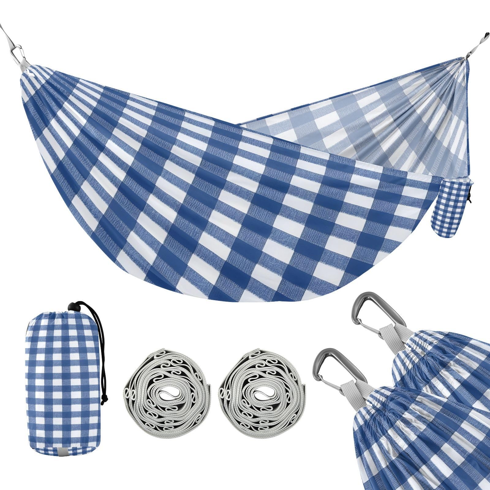 ATTX Blue & White Gingham Camping Hammock - Lightweight & Portable Hammocks, Heavy Duty 330lbs Capacity for Indoor, Hiking, Backpacking, Travel, Backyard, Beach#225