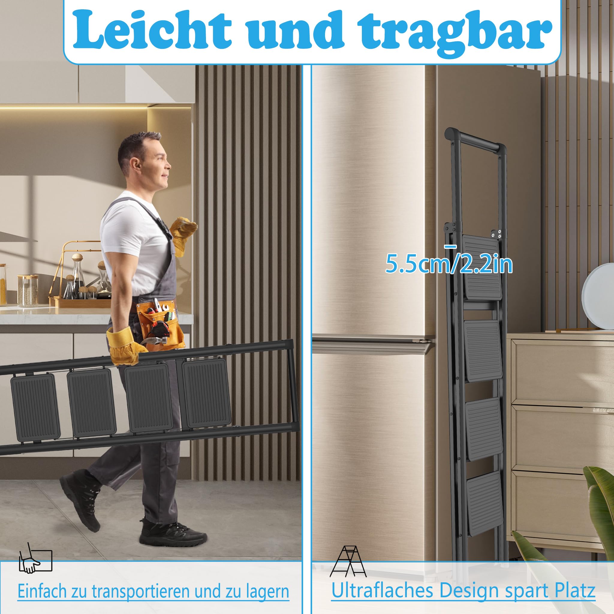 YRHome 4 Stufen Klappbar Trittleiter Leiter Tritthocker Klapptrittleiter mit breitem rutschfeste Pedal und Handlauf Multifunktionale Haushaltsleiter Stehleiter Bis 250KG Schwarz für Haushalt, Küche