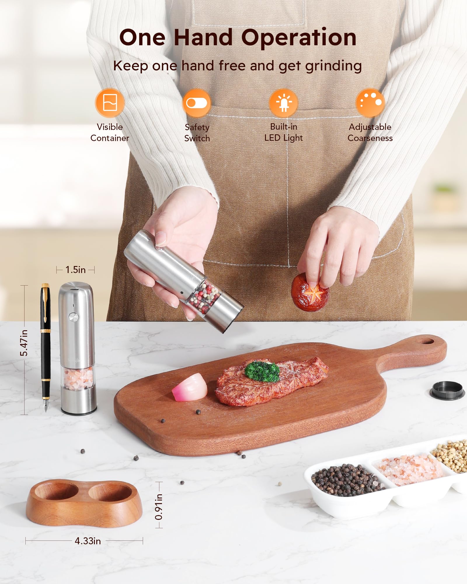 Sangcon Mini Set Macina Sale e Pepe Elettrico con Base in Legno, Ricaricabile USB, Piccolo Macinapepe Automatico, da Viaggio/barbecue/bambini, Controllo con un Pulsante (Acciaio inossidabile)