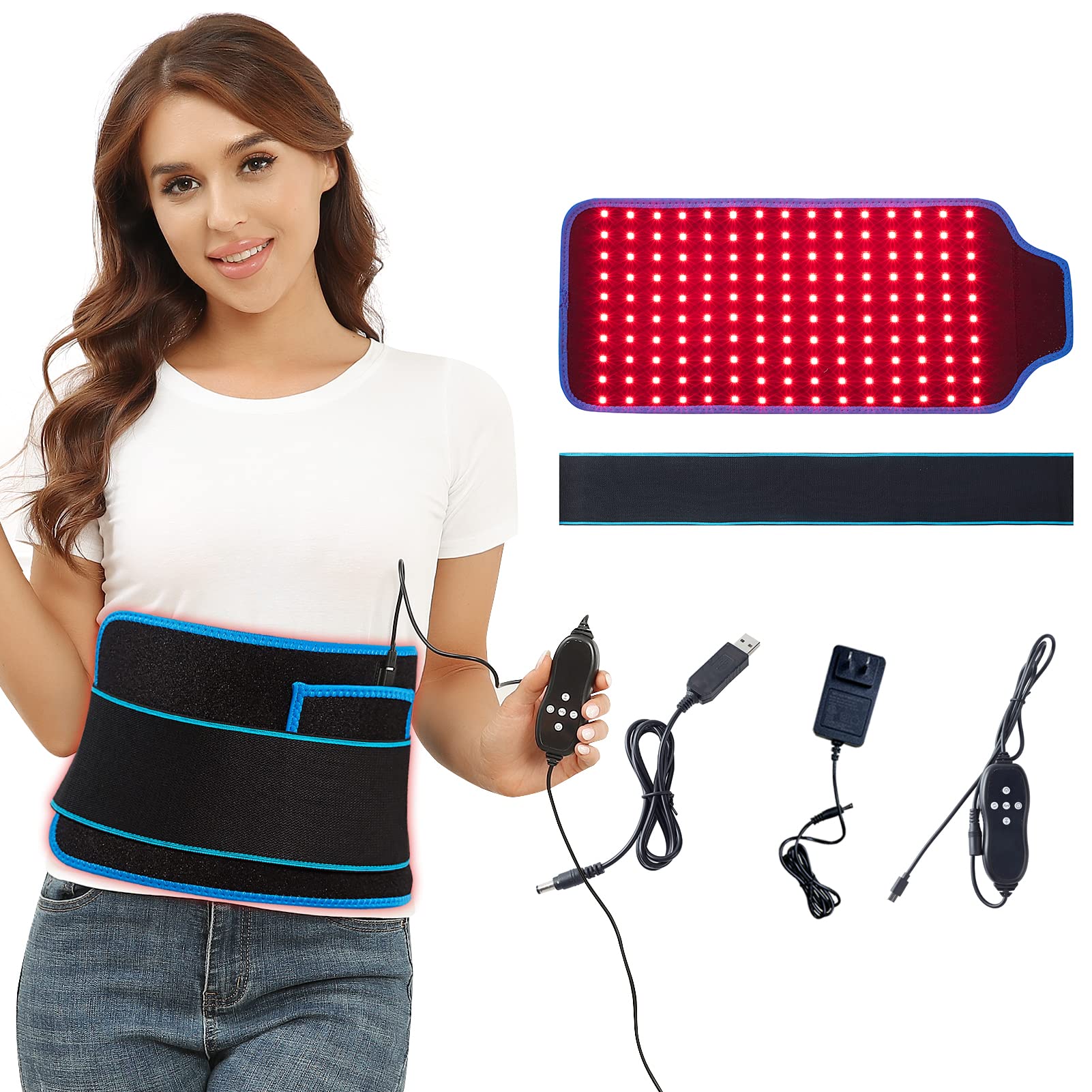 JOBYNA Red & I.nfrared L.Ight T.herapy Belt, 660nm L-E-D Red L.Ight and 850nm Near-I.nfrared L.Ight for Body P.a.i.n R.e.l.i.e.f, Adjustable L.Ight Intensity& Vibration Mode, Auto Shut-Off