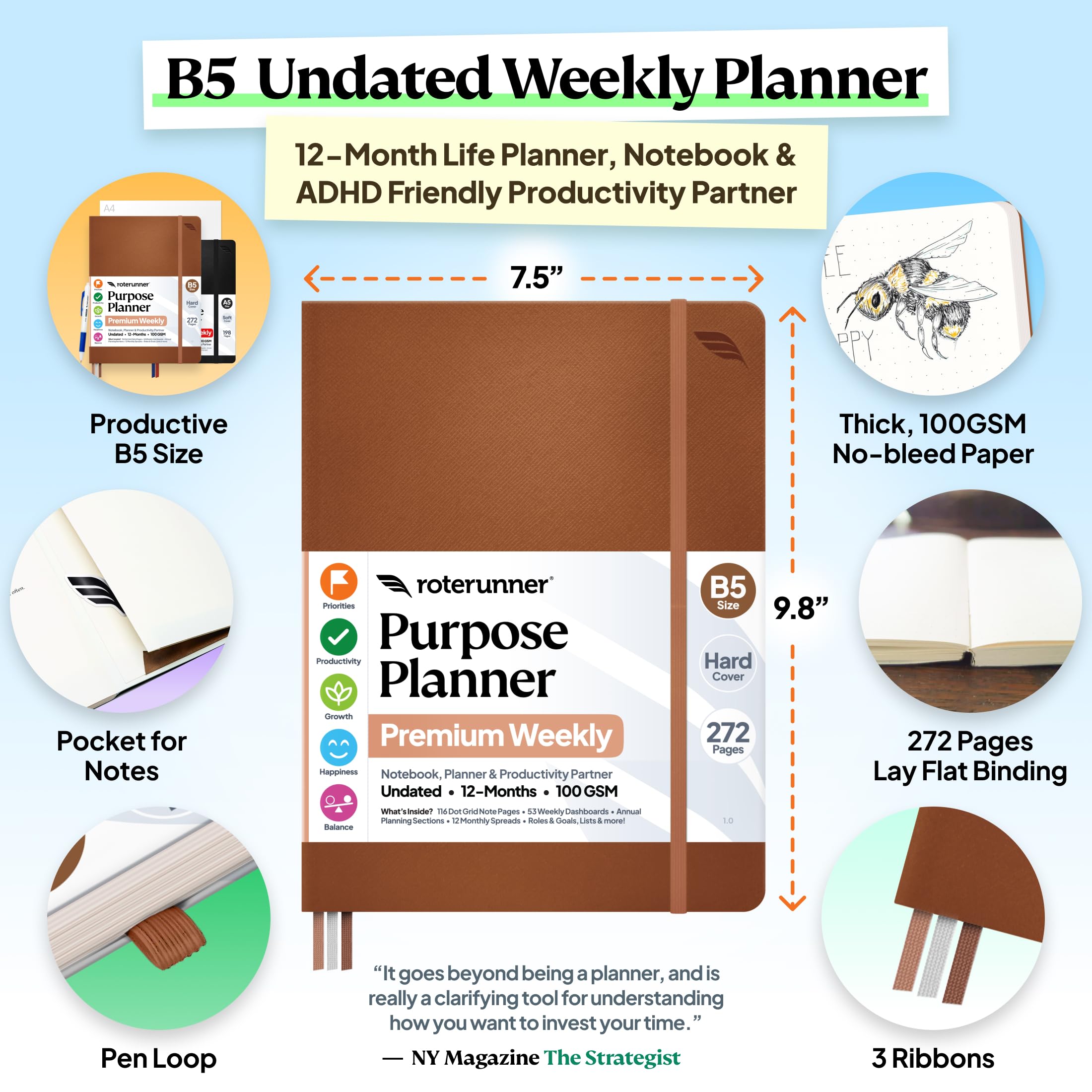 Roterunner Agenda B5, 19 x 24,9 cm, 12 mesi, non datata, 2026, giornaliera, settimanale e mensile, strumento per la definizione degli obiettivi di produttività, per lavoro, casa, ADHD, per adulti