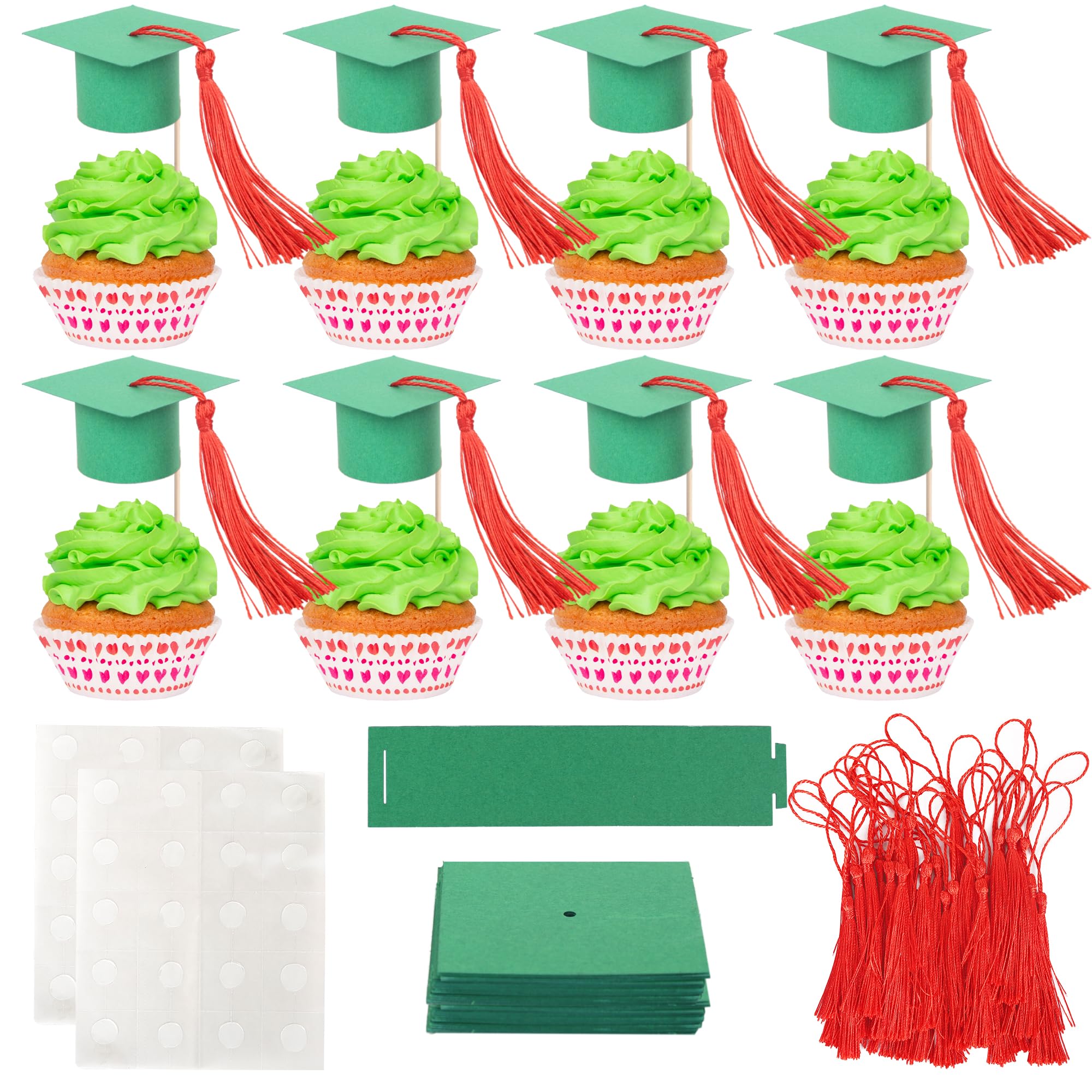 24 Pack 2026 Graduation Cap Cupcake Toppers with Tassel Class of 2026 Congrats Grad Cap Cupcake Picks Mini Graduation Caps Decorations for 2026 Graduations Party Cake Decorations Green Red — image 1
