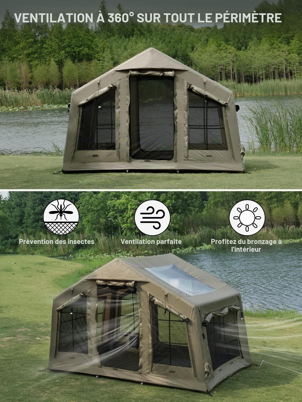 TOMOUNT Grande tente gonflable pour 6 personnes, 300D imperméable en polyester avec sac de rangement et pompe à air, tente de camping pour l'extérieur, le camping, la randonnée