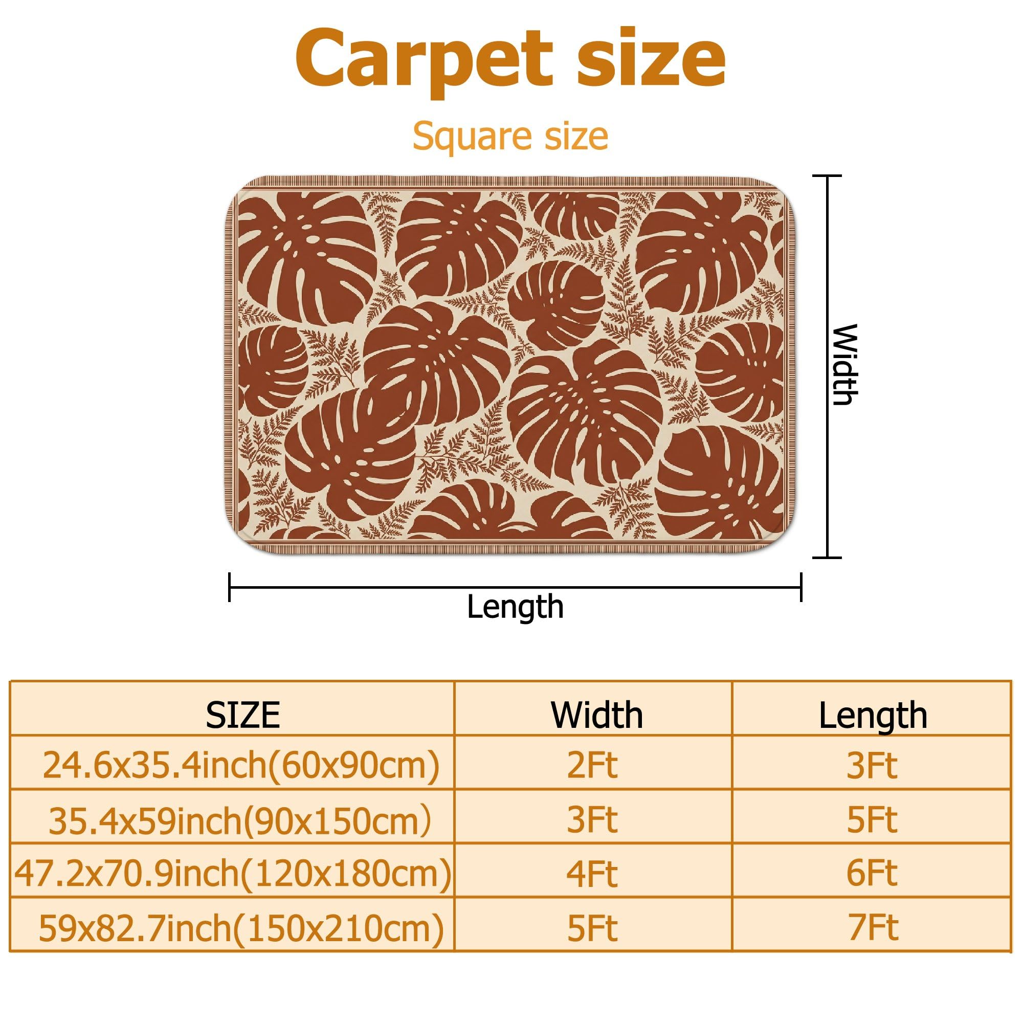 Monstera Alfombra de área tropical, natural, hojas de helecho, verano, marrón, de pelo bajo, esponjosa, suave, rectangular, resistente a las manchas, para sala de estar, dormitorio, aula, decoración