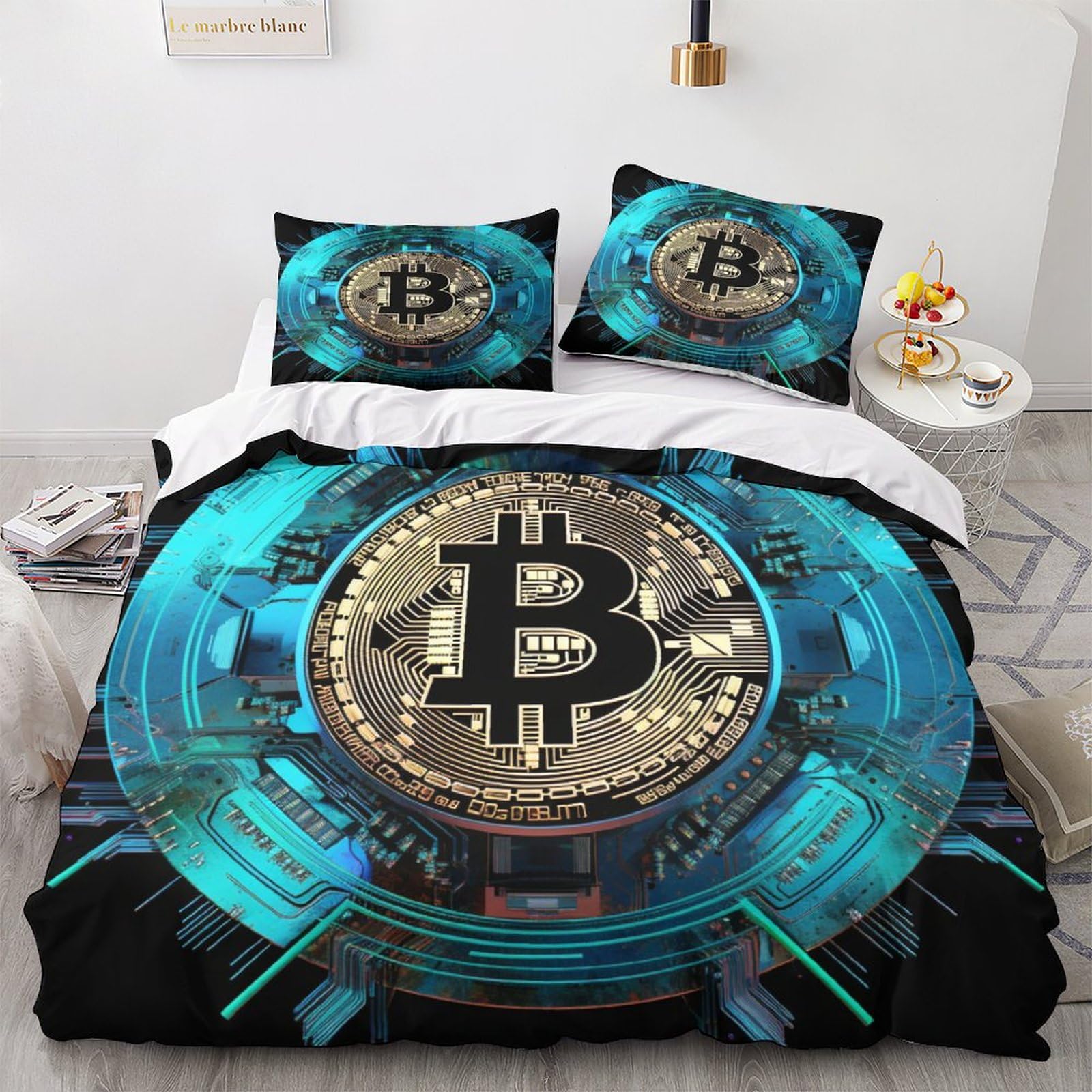 OPSREY Virtual Currency Warmth Comforter Cover Hidden Zipper Bitcoin Duvet Cover Set with Pillowcases Bedding Set Soft Microfiber Quilt Cover Set Various Sizes for Kids Adults Double（200x200cm）
