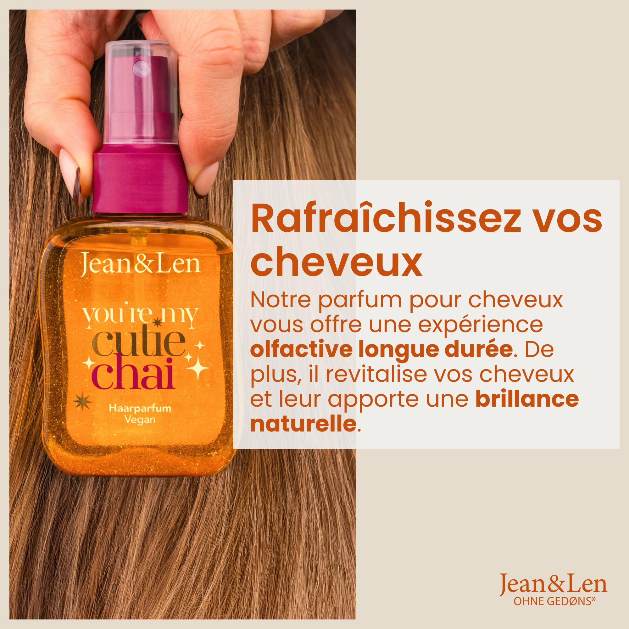 Jean & Len Parfum capillaire You're My Cutie Chai, formule nourrissante aux acides aminés & panthénol, parfum hivernal d'épices chai, vanille & orange, aux paillettes dorées, végane, 105 ml