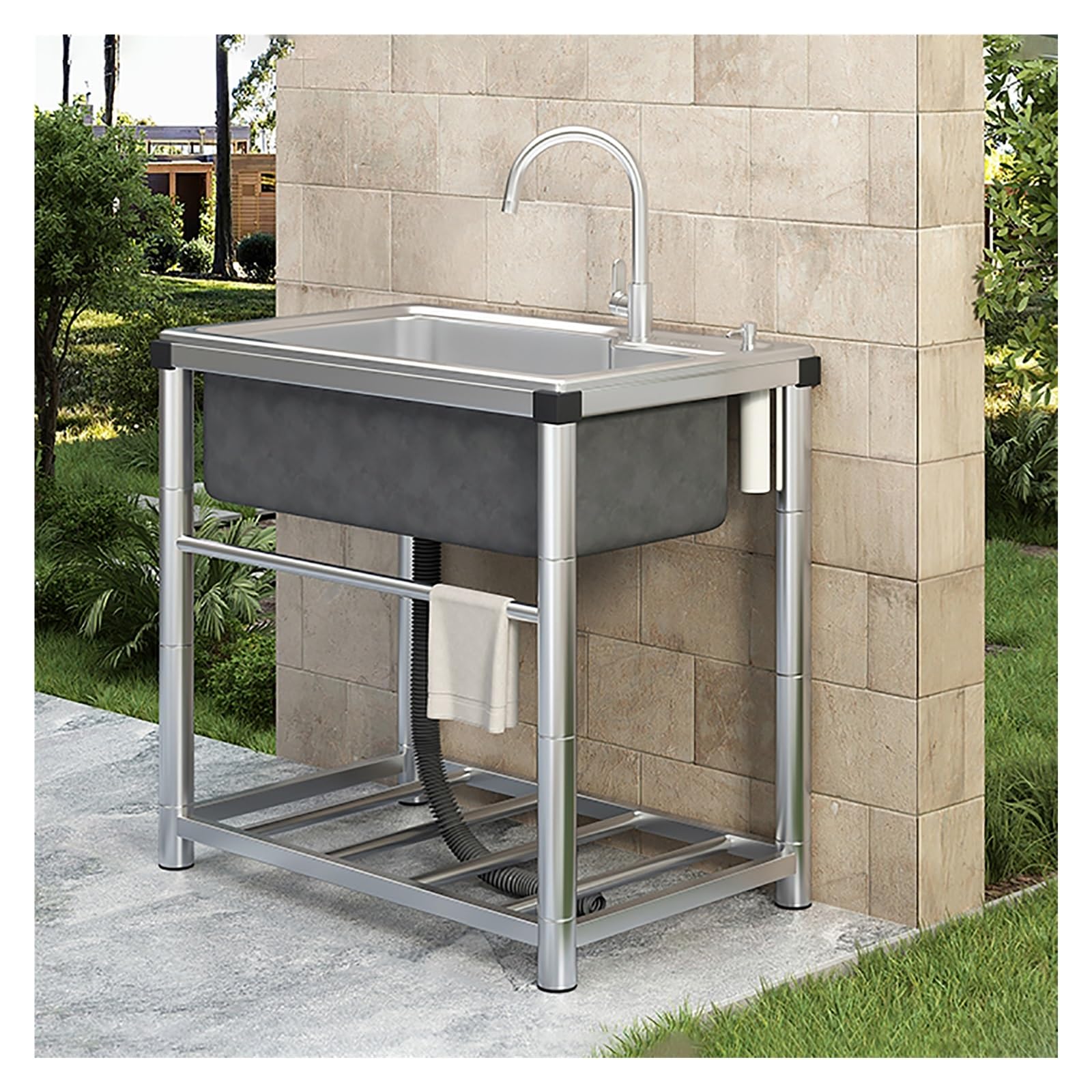 Evier Inox 1 Bac, Évier De Jardin Extérieur Portable, Avec Chaud/Froid Robinet Et Support, Pour Cuisines, Jardin, Garage, Waschküche(45 * 40cm/17.7 * 15.7in)