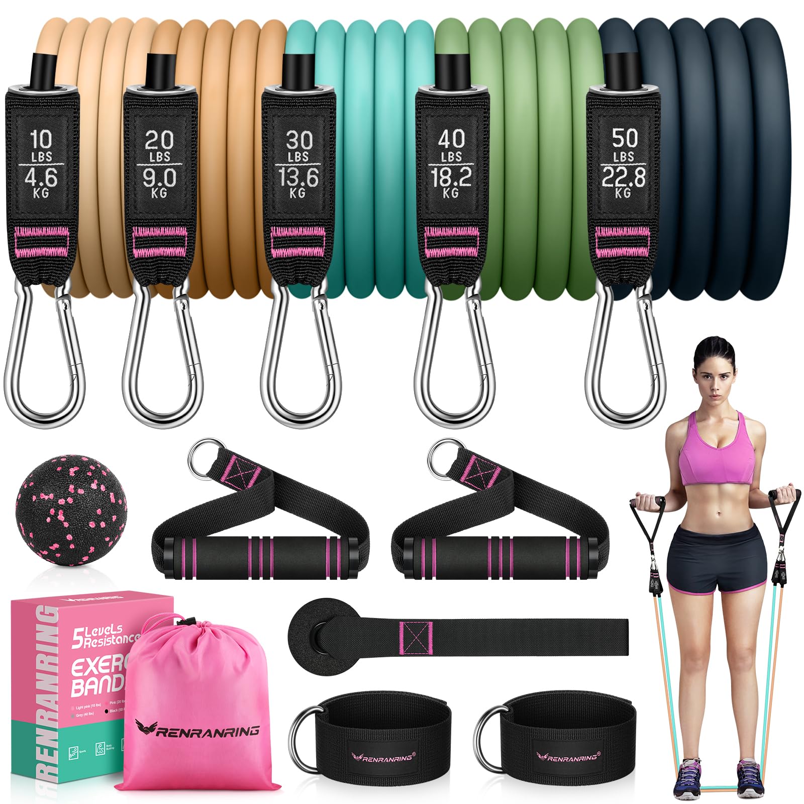 RENRANRING Resistance Bands for Working Out, 150LBS Exercise Bands, Workout Bands, Resistance Bands Set with Handles for Men Women, Legs Ankle Straps