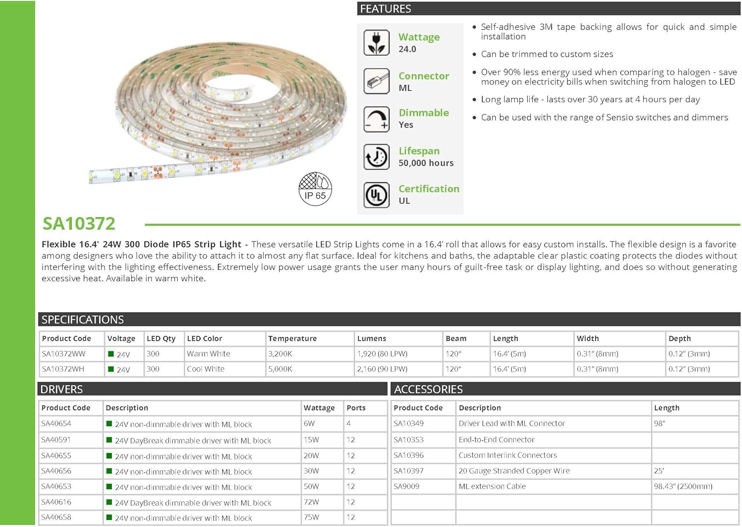 Nеw Arrіvаlѕ Transolid SA10372WH Sensio LED 24V 24W 300D Ip65 Flexible Strip Light, 196.85, Warm White