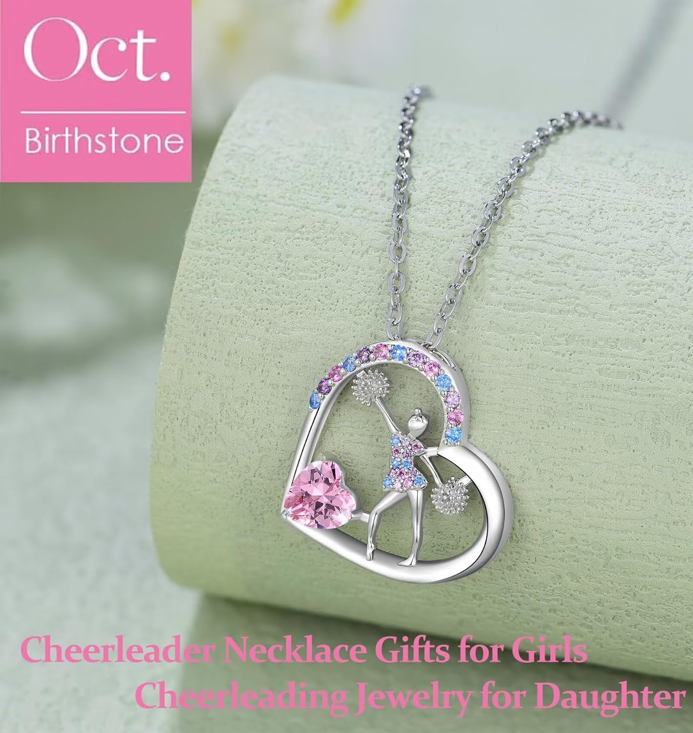 Birthstone Cheerleader Necklace Gifts for Girls Heart Rainbow Cheerleading Cheering Jewelry Pendant Sport Cheer Birthday Gifts for Kids Little Girl Daughter Granddaughter - Image 3