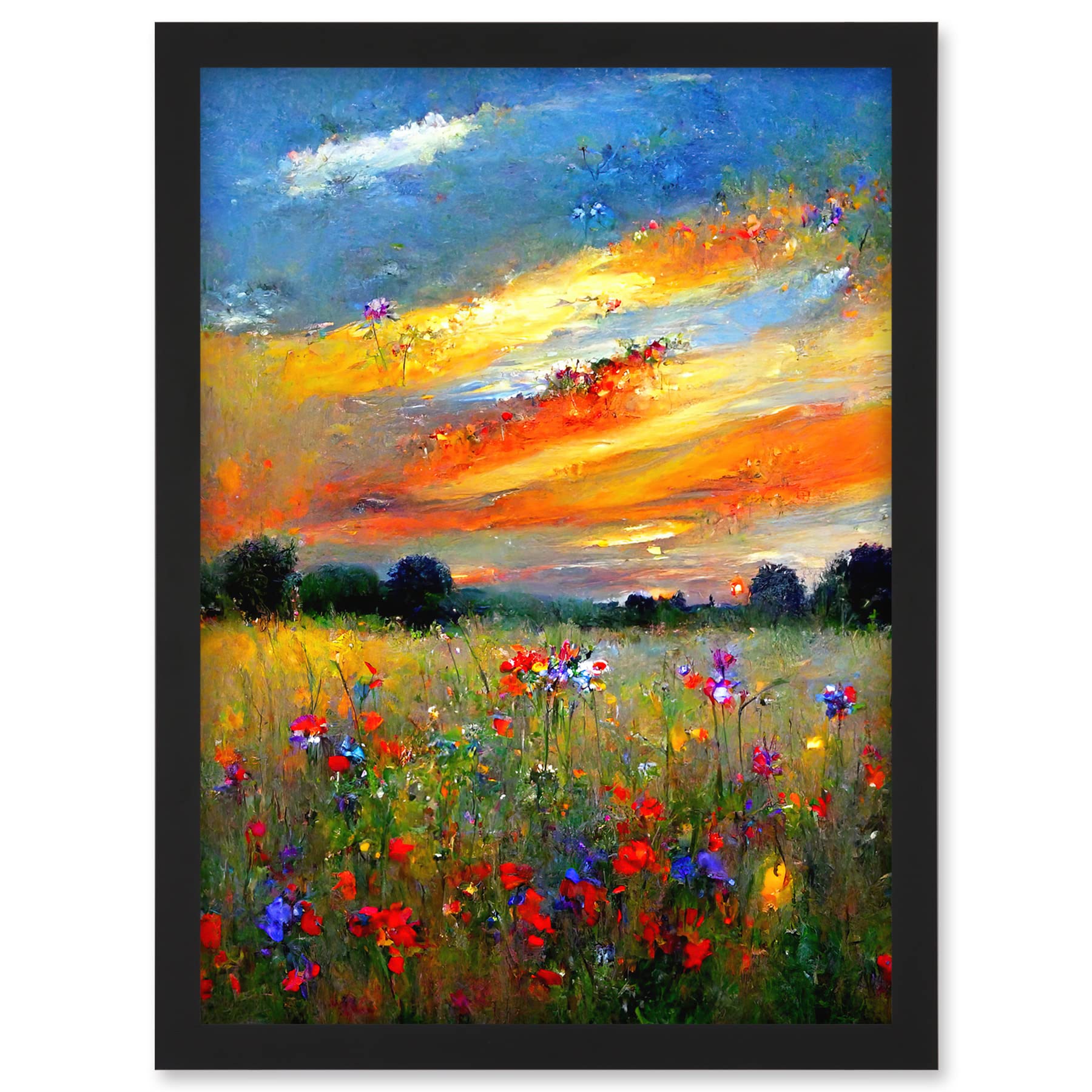Doppelganger33 LTD Sunset Wildflower Peaceful Summer Meadow Oil Painting Artwork Framed A3 Wall Art Print