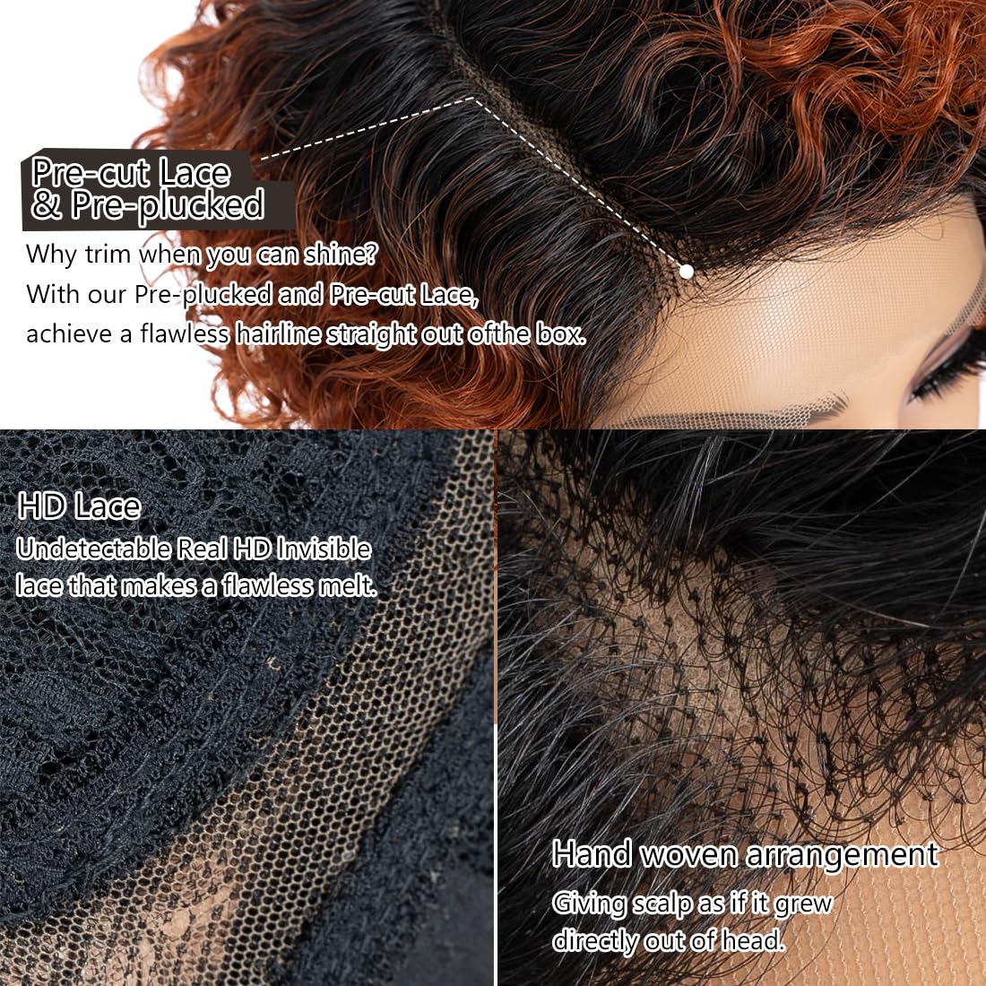 Noble Star 8inch Curly Wave Pixie Cut Wigs Human Hair 13x5x1 L Part Bob Wig for Women Side Part Pixie Cut Lace Front Wig with Baby Hair Glueless Short Cut Bob Wig TT1B/350 - Image 4