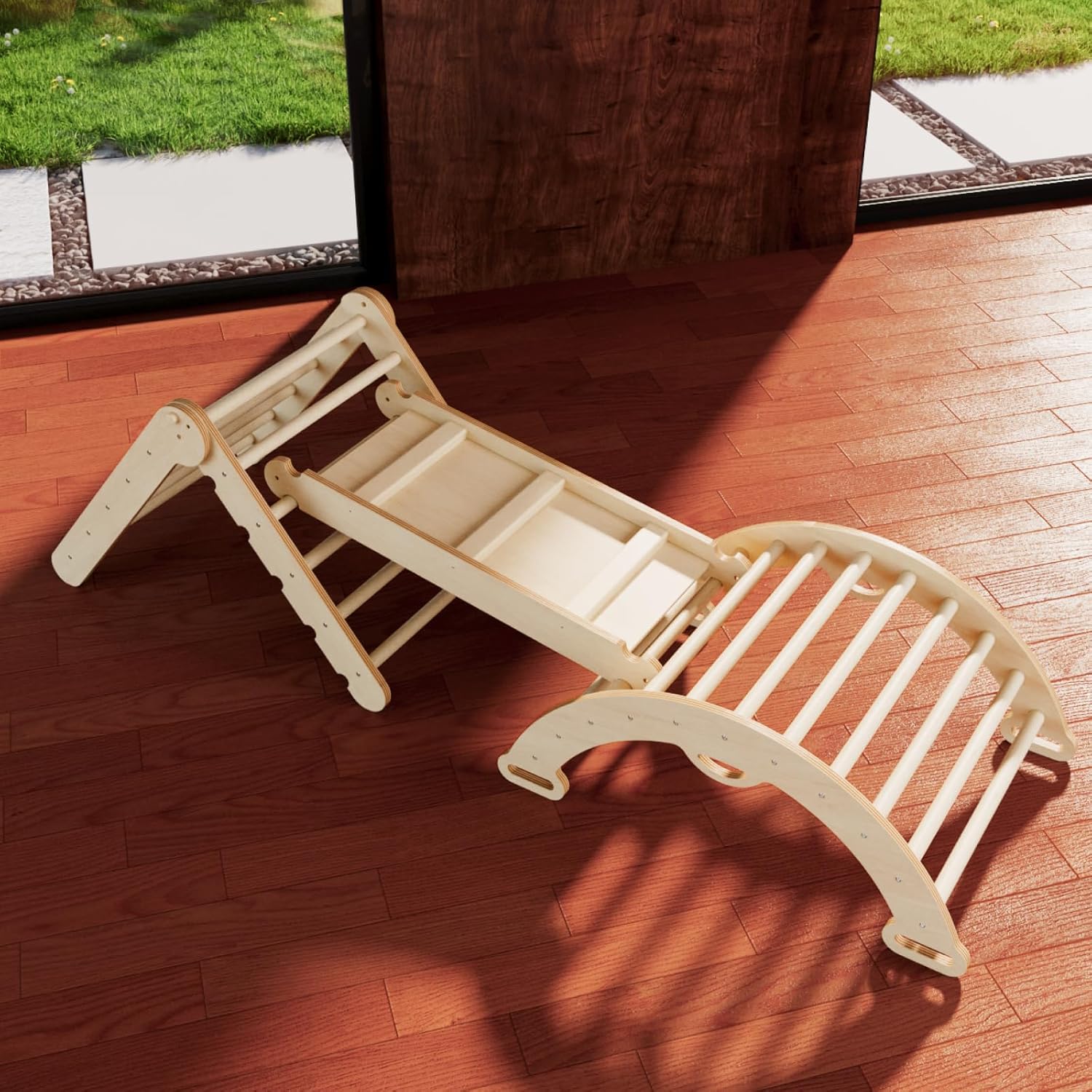 Pikler Triangle Set of 3, Wooden Montessori Climbing Set for Toddlers Ages 2-6, Indoor Jungle Gyms with Arch, Ramp and Ladder, Natural