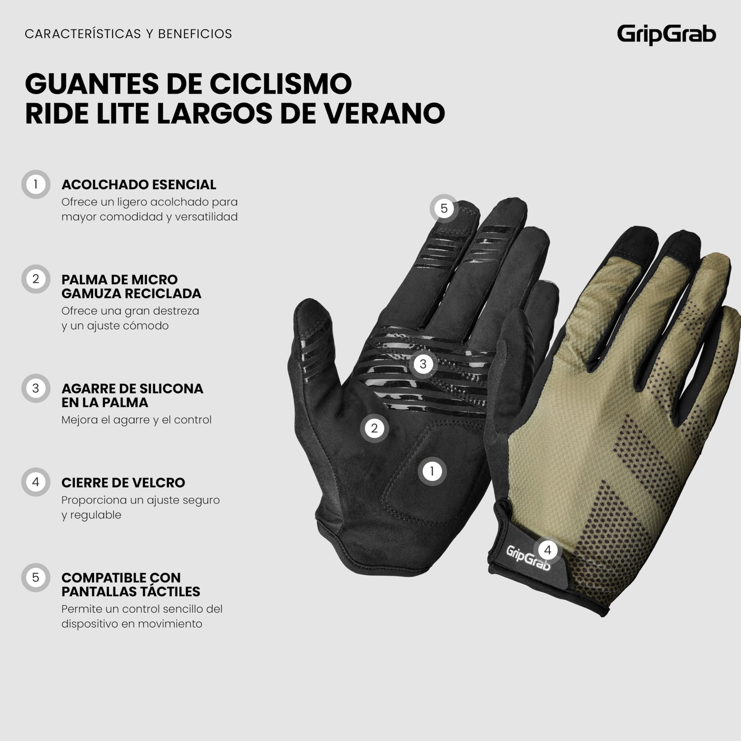 GripGrab Guantes de Ciclismo Ride Lite Largos Verano Acolchado Palma de Gamuza con Agarres de Silicona Antideslizantes Bicicleta MTB Gravel
