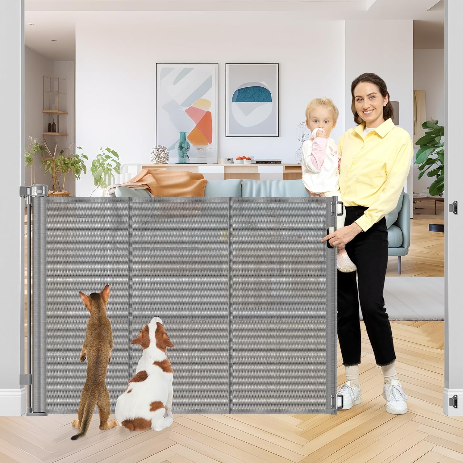 42 Inch High Retractable Baby Gates Extra Tall Retractable Pet Gate with Reinforced Strips 55 Inch Wide No Sag Mesh Baby Gate for Stairs Anti-Scratch Extra Tall Dog Gates for Doorways, Gray Gray 42" Tall x 55" Wide? With Reinforced Bar ?