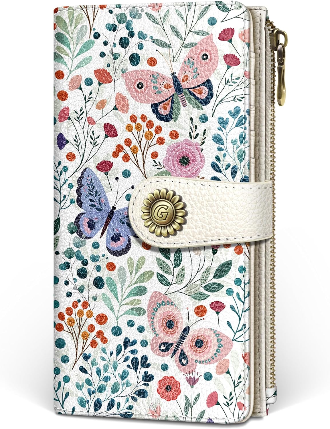 GIANCOMICS Butterfly Flower Womens Wallet RFID Blocking, Credit Card Holder Bifold, PU Leather Travel Billfold, Long Cute Cash Purse, Zipper Coin Pocket Clutch, 11 Card Slot, Ladies Gift Woman