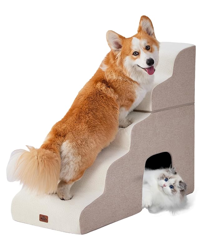Escada Curva para Cães e Gatos com 5 Degraus em Espuma MASSFU Bege – até 72,9 cm de altura