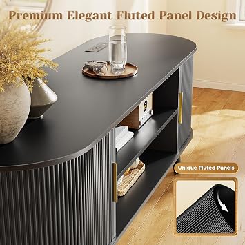 PRAISUN 54 Inch Fluted TV Stand for TVs up to 55 Inch, TV Media Console with Power Outlets and USB-C Port, Entertainment Center with Storage, Curved Sliding Doors, Adjustable Shelf, Black