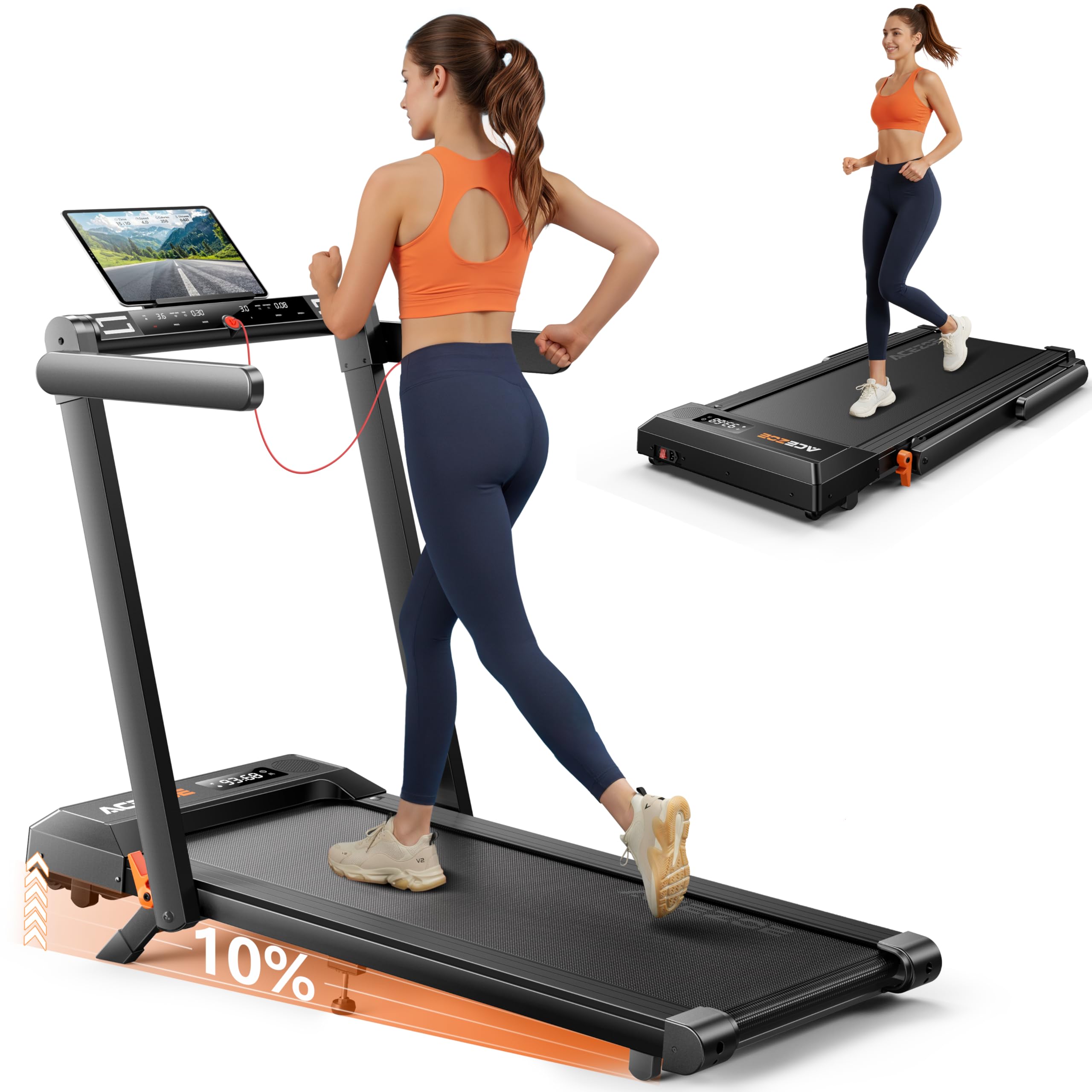 Acezoe Foldable Treadmill with 0-15% Incline and Handle Bar, 2.5HP Treadmills for Home, Under Desk Treadmill with 300LBS Capacity, Walking Pad with Speaker, APP/Remote Control