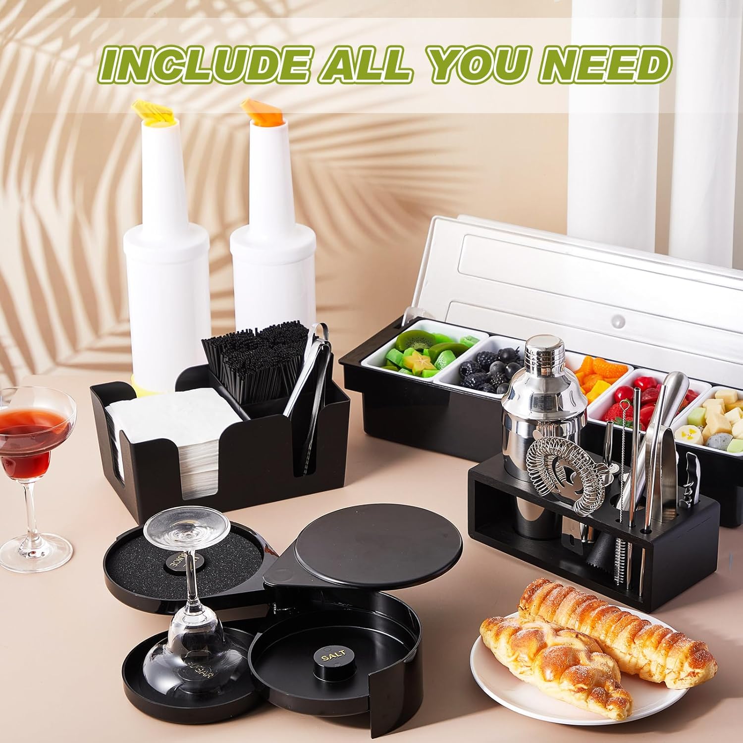Mifoci 23 Pcs Bartender Supplies Kit Garnish Tray for Bartenders with Bar Caddy 3 Tier Salt Rimmer 13 Pcs Cocktail Shaker Set and Bar Accessory for Christmas Bartender Gifts Beginners(5 Compartments)