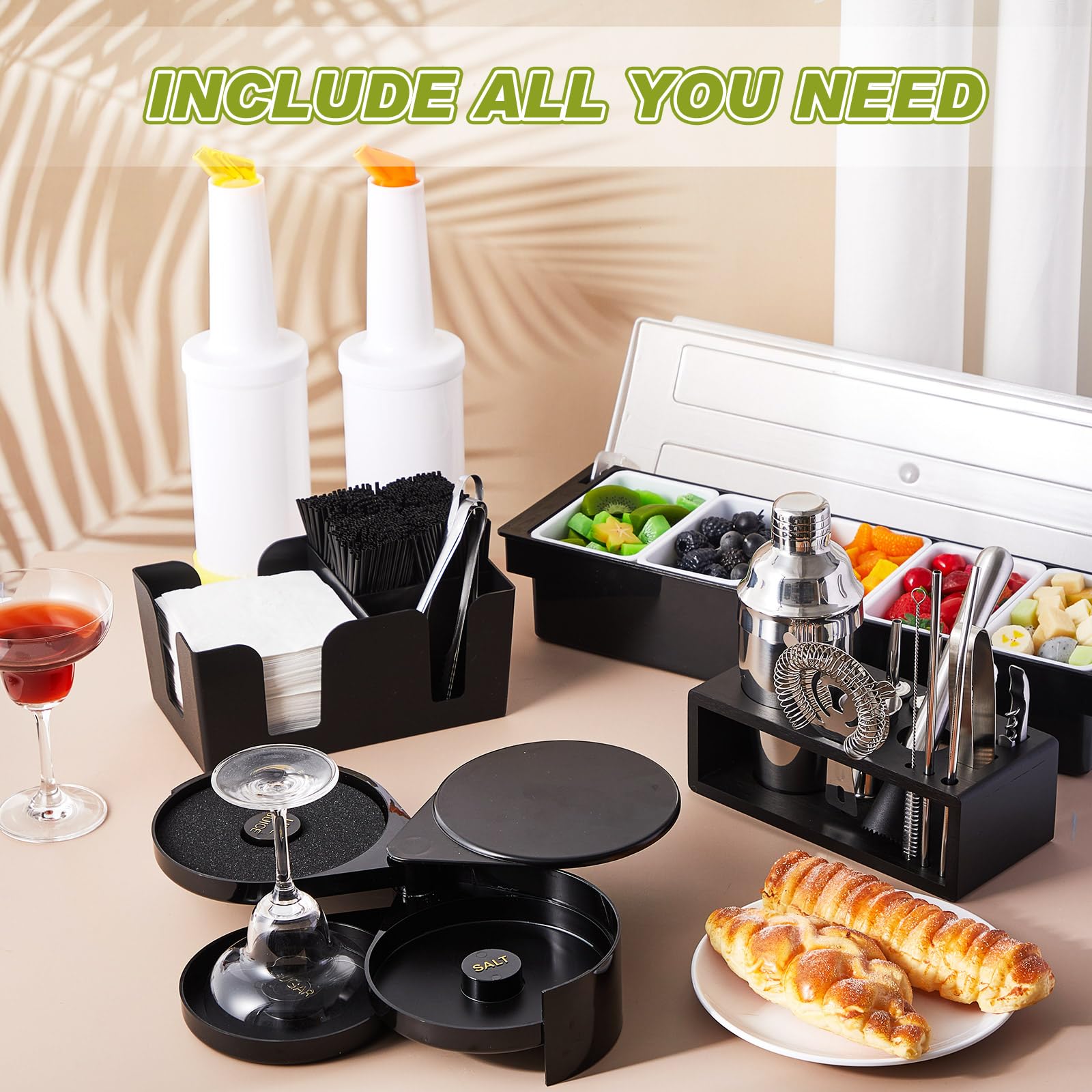 Mifoci Kit de 23 piezas de suministros para camareros, bandeja de guarnición para camareros con tapa, organizador de barra de 3 niveles, 13 piezas de coctelera con accesorio de bar para principiantes