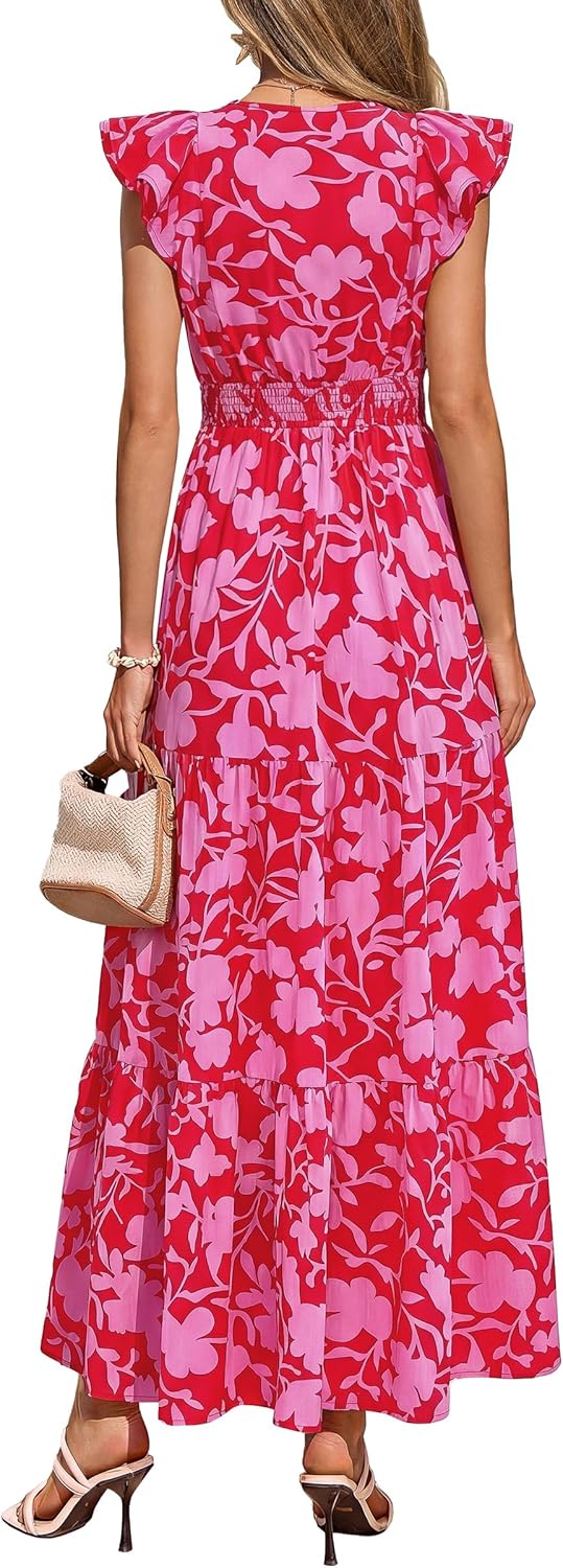 PRETTYGARDEN Women's Spring Summer Maxi Dresses 2026 Casual Wrap V Neck Floral Ruffle Sleeve Flowy Long Beach Boho Sun Dress - Image 5