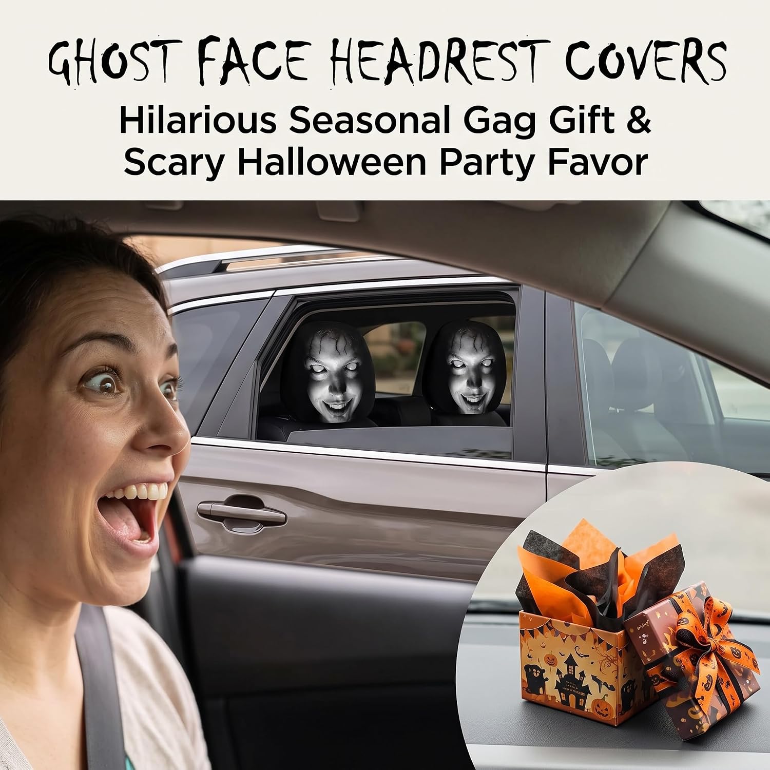 Scary Headrest Covers For Cars, Ghost Face Headrest Covers, Elastic Polyester Fabric with Funny Cartoon Print, Scary Face Mask Seat Cover for Auto, Truck, Vehicle, SUV, Interior Accessories (2PCS-A) image 3