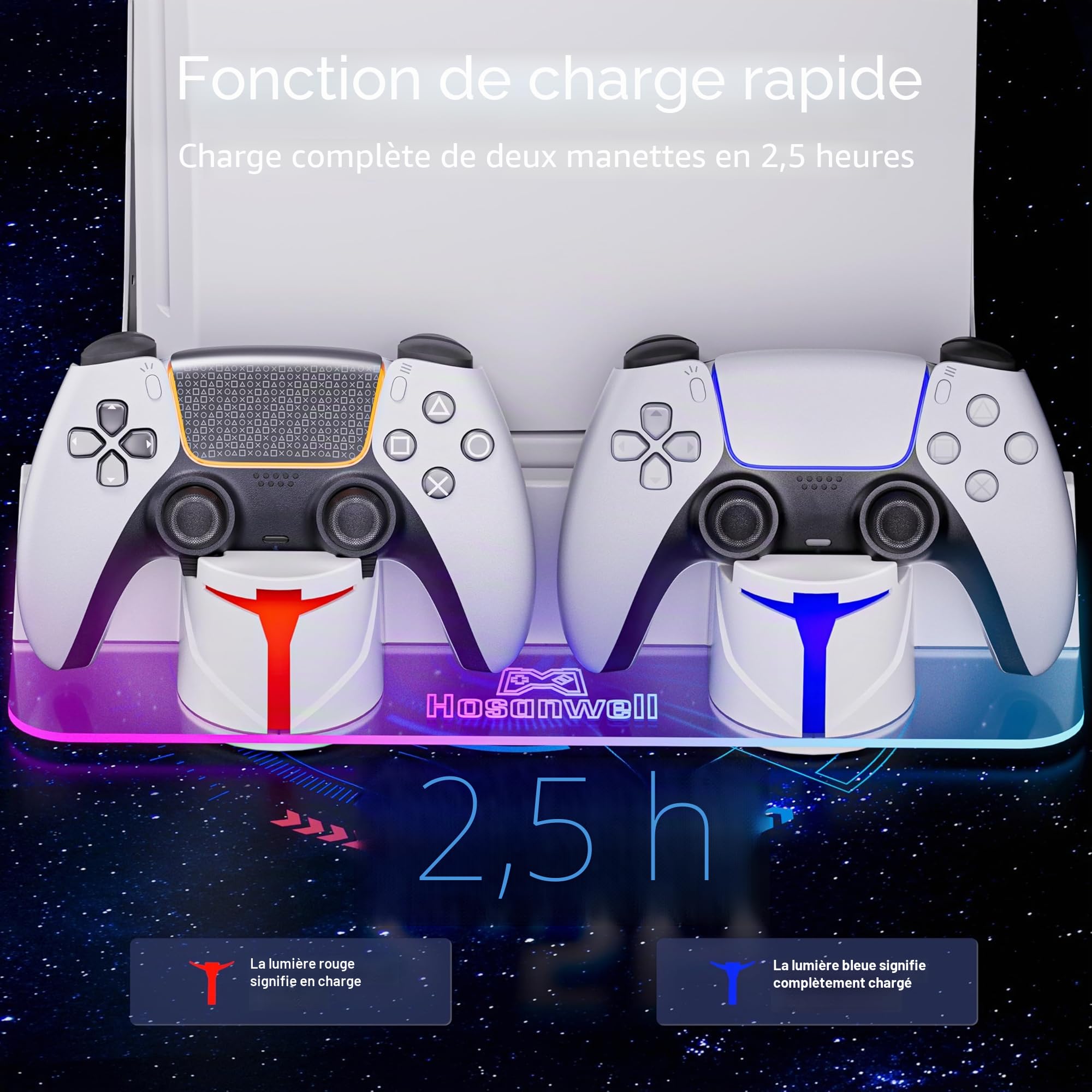 Hosanwell Support Mural pour PS5/PS5 Slim/PS5 Pro Console avec Station de Chargement avec Lumière RGB Multimode, Support Mural Compatible avec PS5 Disc & Digital Version