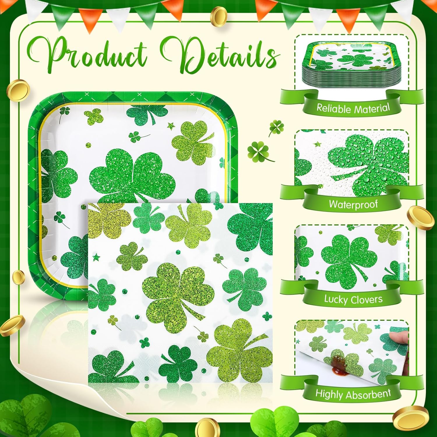 Zhehao 72 Pcs St. Patrick's Day Plates and Napkins Set Serve 36, 7" Square Shamrock Paper Dessert Plates and Napkins Green Clover Disposable Dinnerware Decoration for Irish Festival Party Supplies