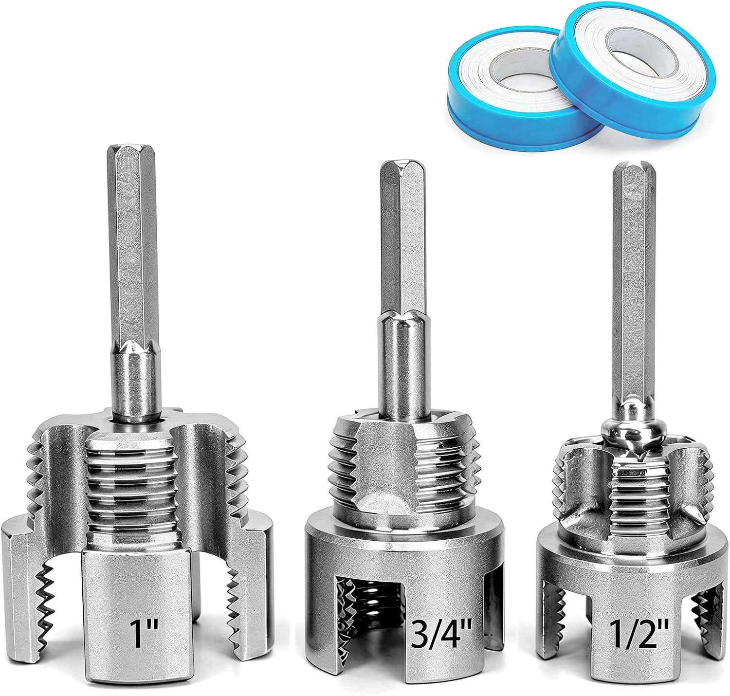 3PCS Integrated Internal & External Pipe Threader Tool for Electric Drill, NPT Thread Maker 1/2", 3/4", 1" with 2 Rolls PTFE Tape, PVC Plastic Pipe Threading Kit for Plumbing and Home Repairs