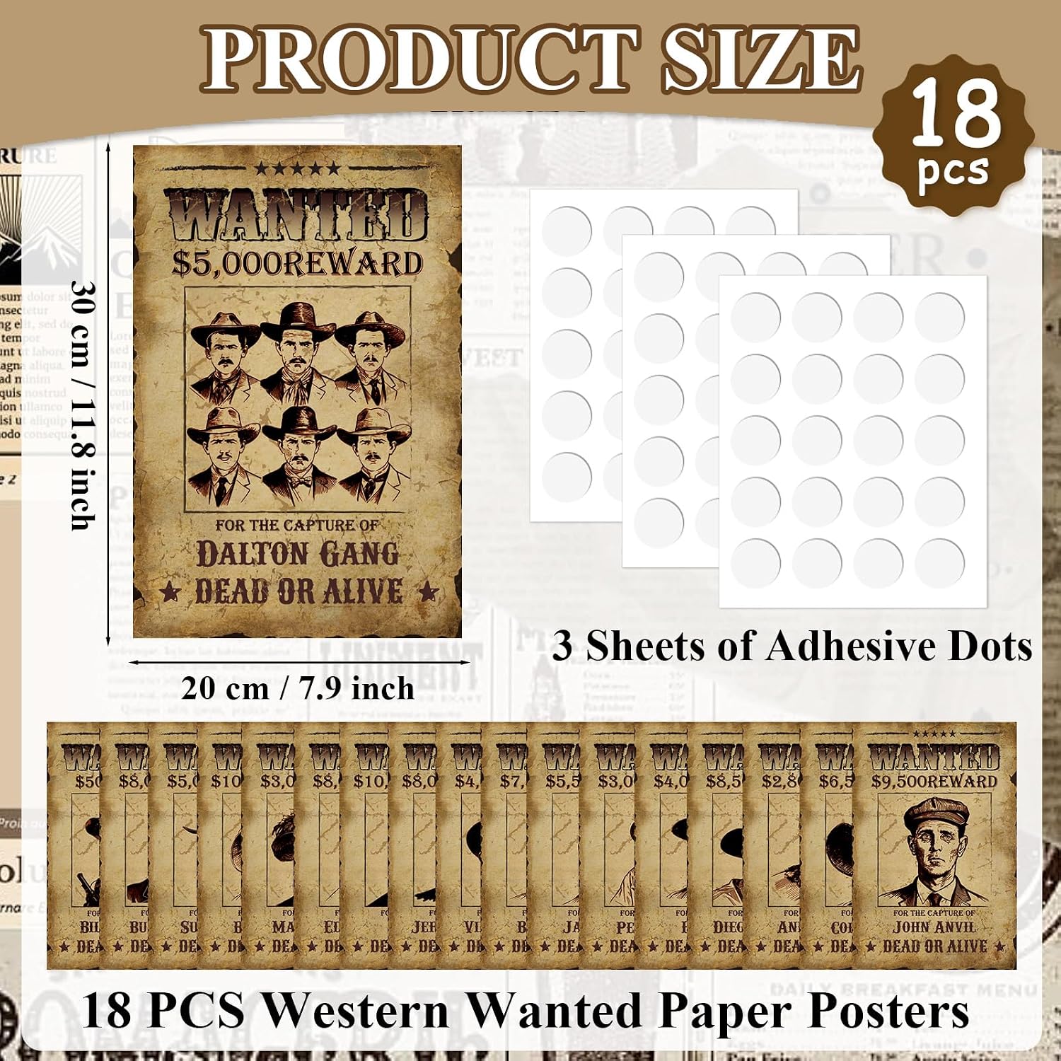 18 Pcs Western Wanted Posters Western Party Decorations 8 X 12 Inch Vintage West Wanted Sign Cutouts Cowboy Cowgirl Reward Posters for Barn Dance Birthday Banquet Historical Reenactment Party Supplies
