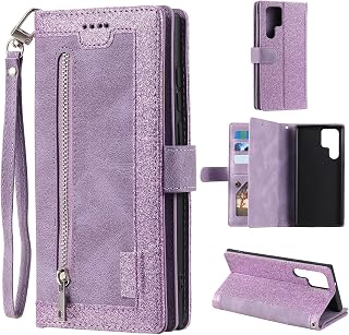 EYZUTAK Funda para Samsung Galaxy S24 Ultra, funda de piel con tapa y cierre magnético, cartera con 9 compartimentos para tarjetas, función atril, retro, mate, piel con purpurina, color lila