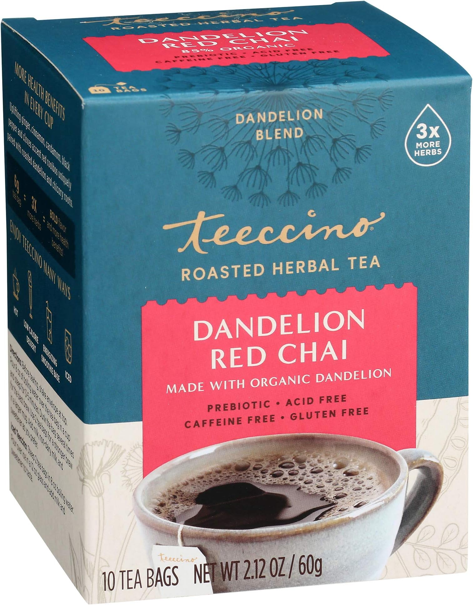 Teeccino Dandelion Red Chai Tea - Caffeine-Free, Roasted Herbal Tea with Prebiotics, 3x More Herbs than Regular Tea Bags, Gluten Free - 10 Tea Bags